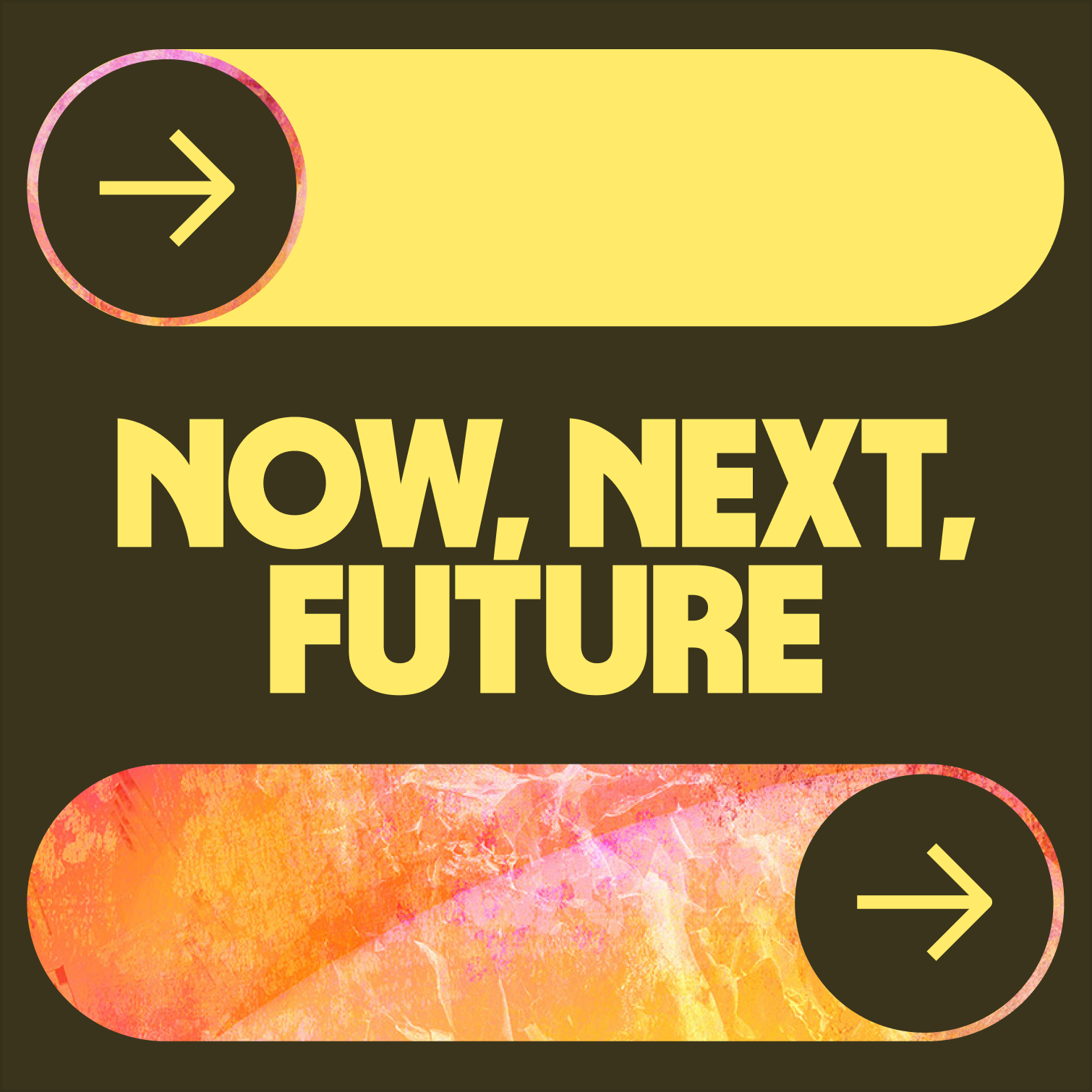 Two arrows pointing from left to right filling a trail, between them sits the title Now, Next, Future.