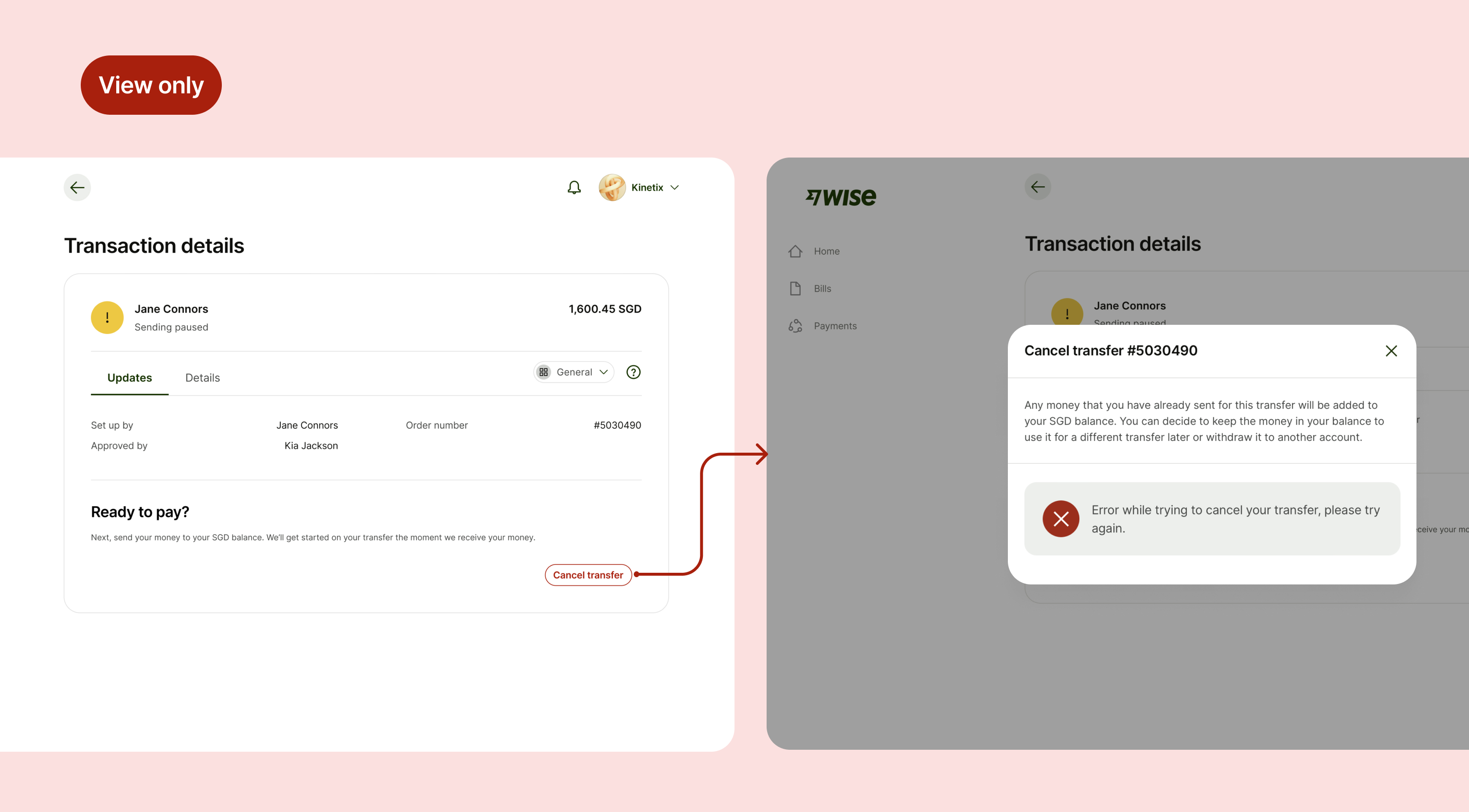 When MUA use cases were not considered users with view only access could see cancel transfer CTA which then lead them to an error