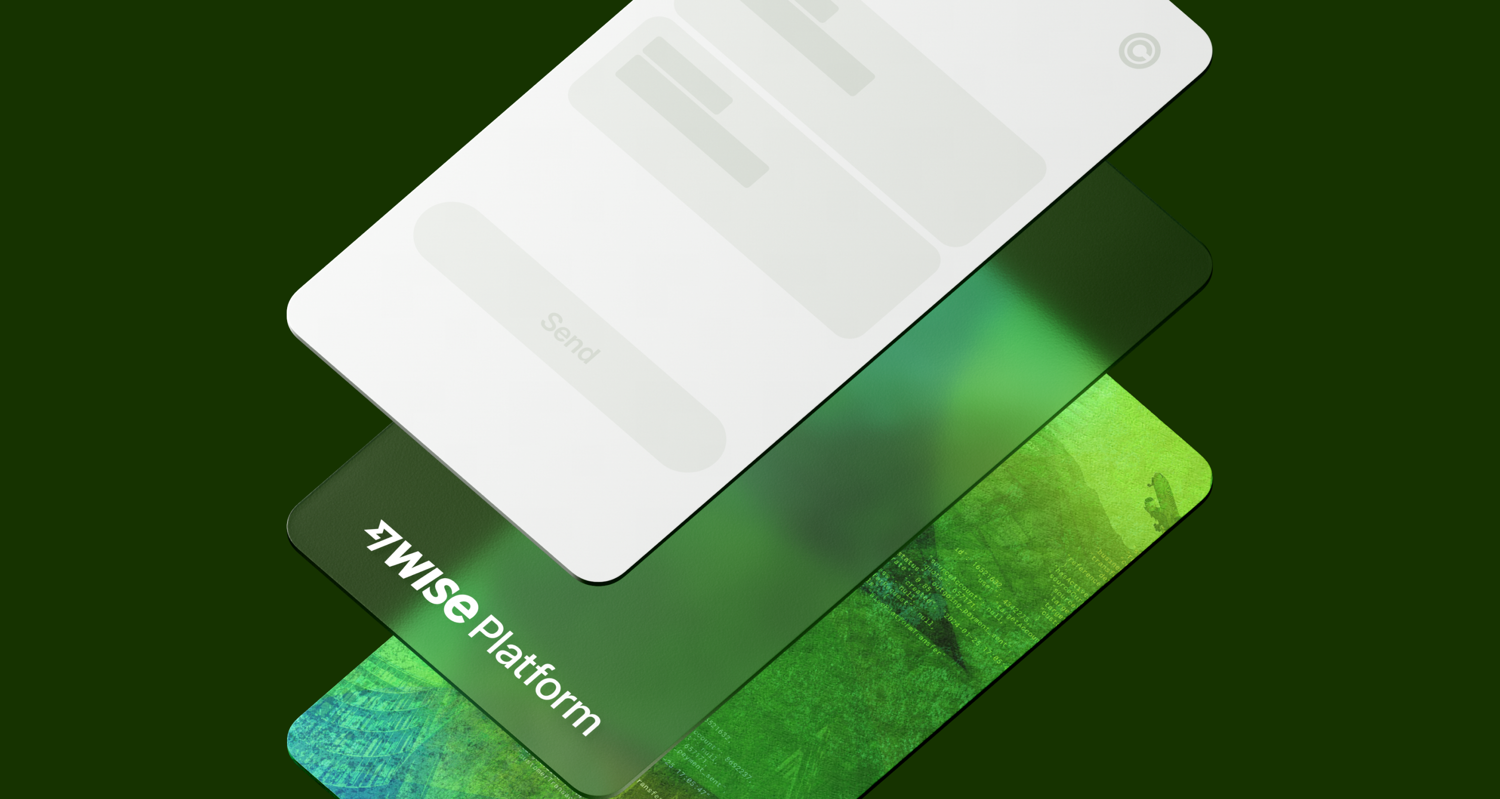 Three different surfaces, a white one alluding to an app UI, a transparent one and a colorful one floating on a dark green background