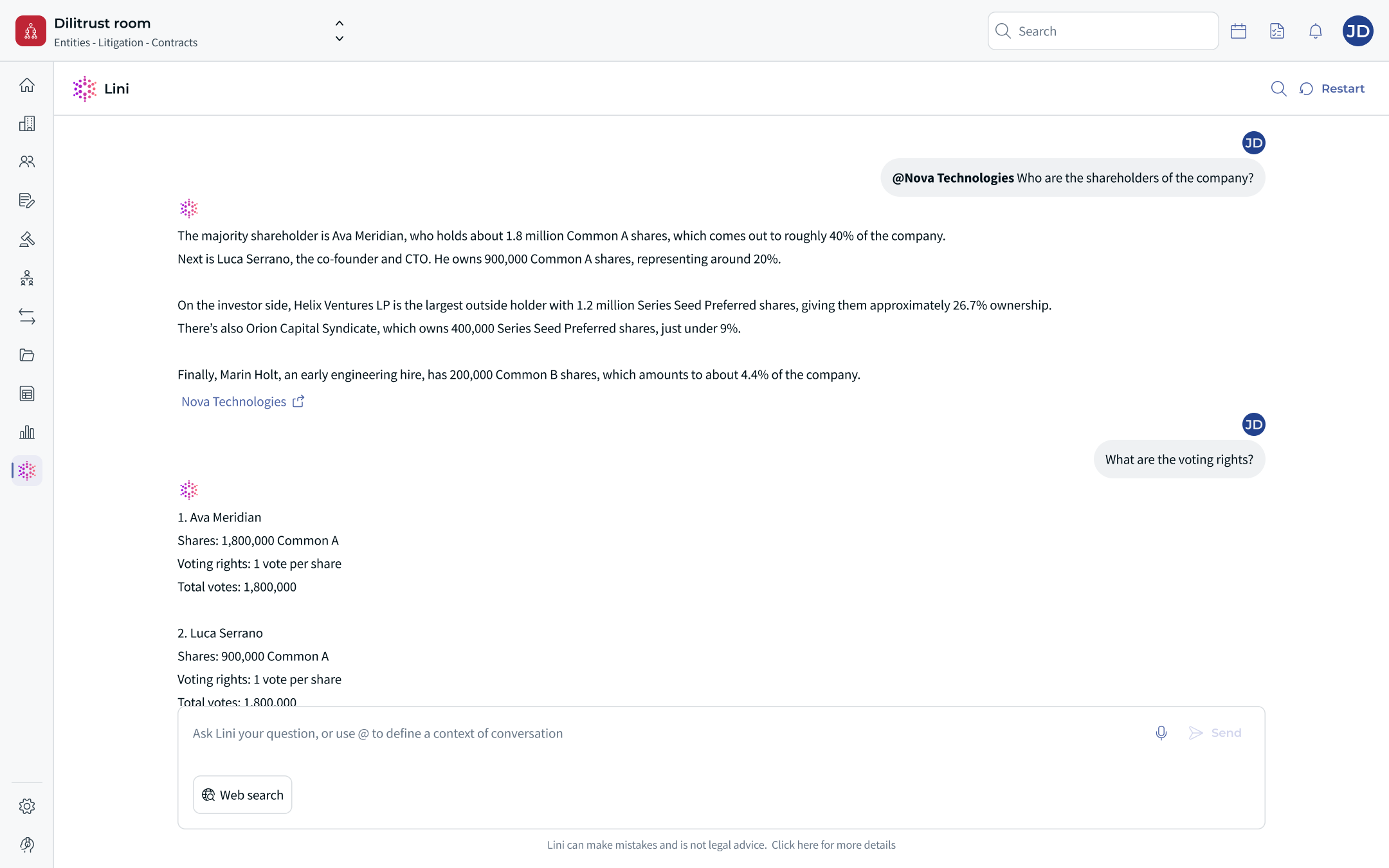 LINI answer about a company's shareholders, with the company context tag and a See source link below the answer [TEMPORARY FIGMA MOCKUP - a human must replace this image with a permanently hosted screenshot before publication]