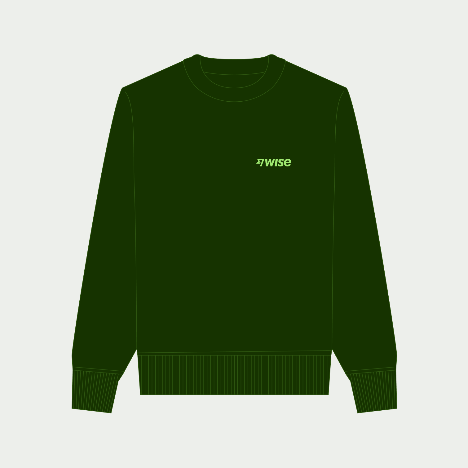 The front of a sweatshirt mockup with the full Wise logo on the right chest.