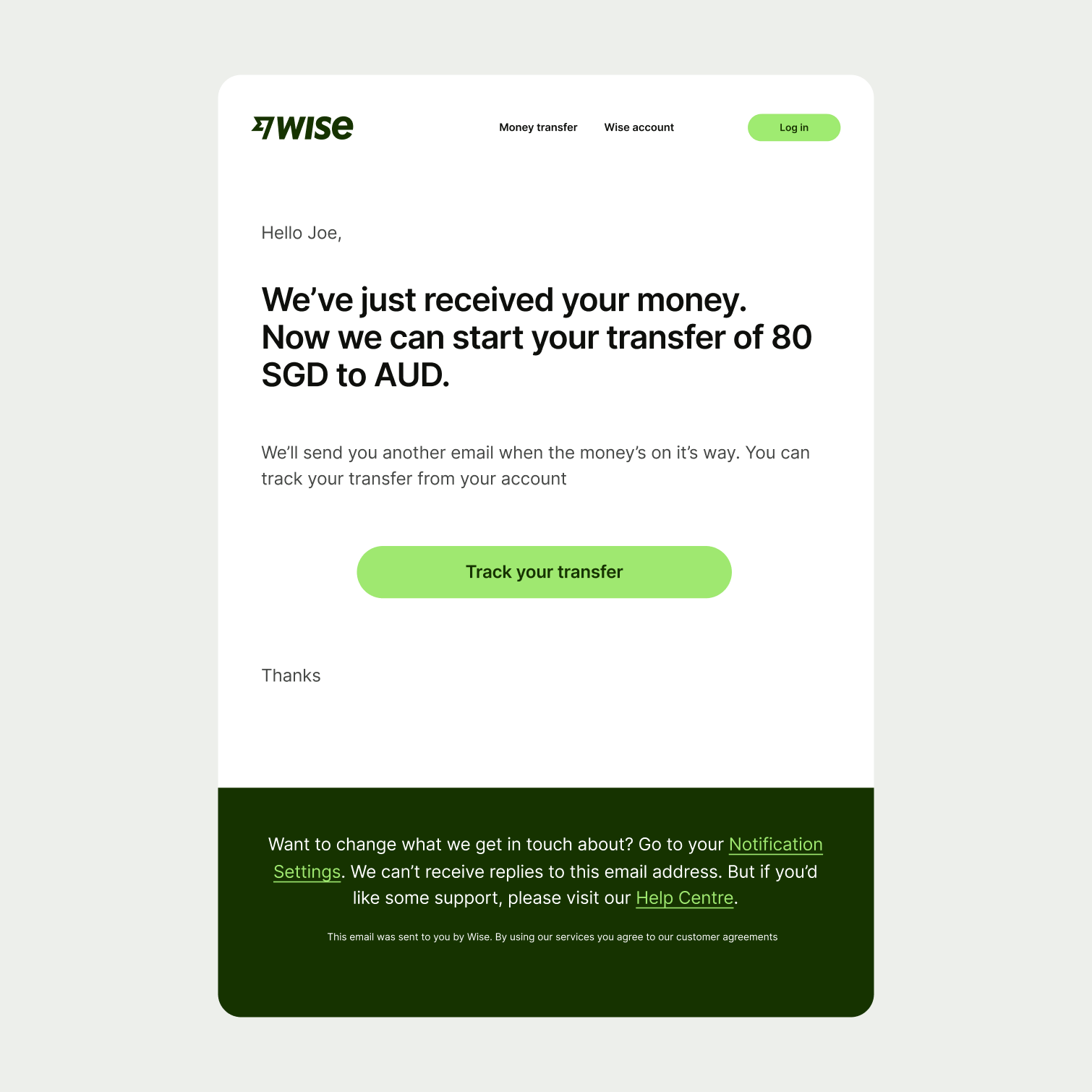 An email notification confirming a user's transfer.