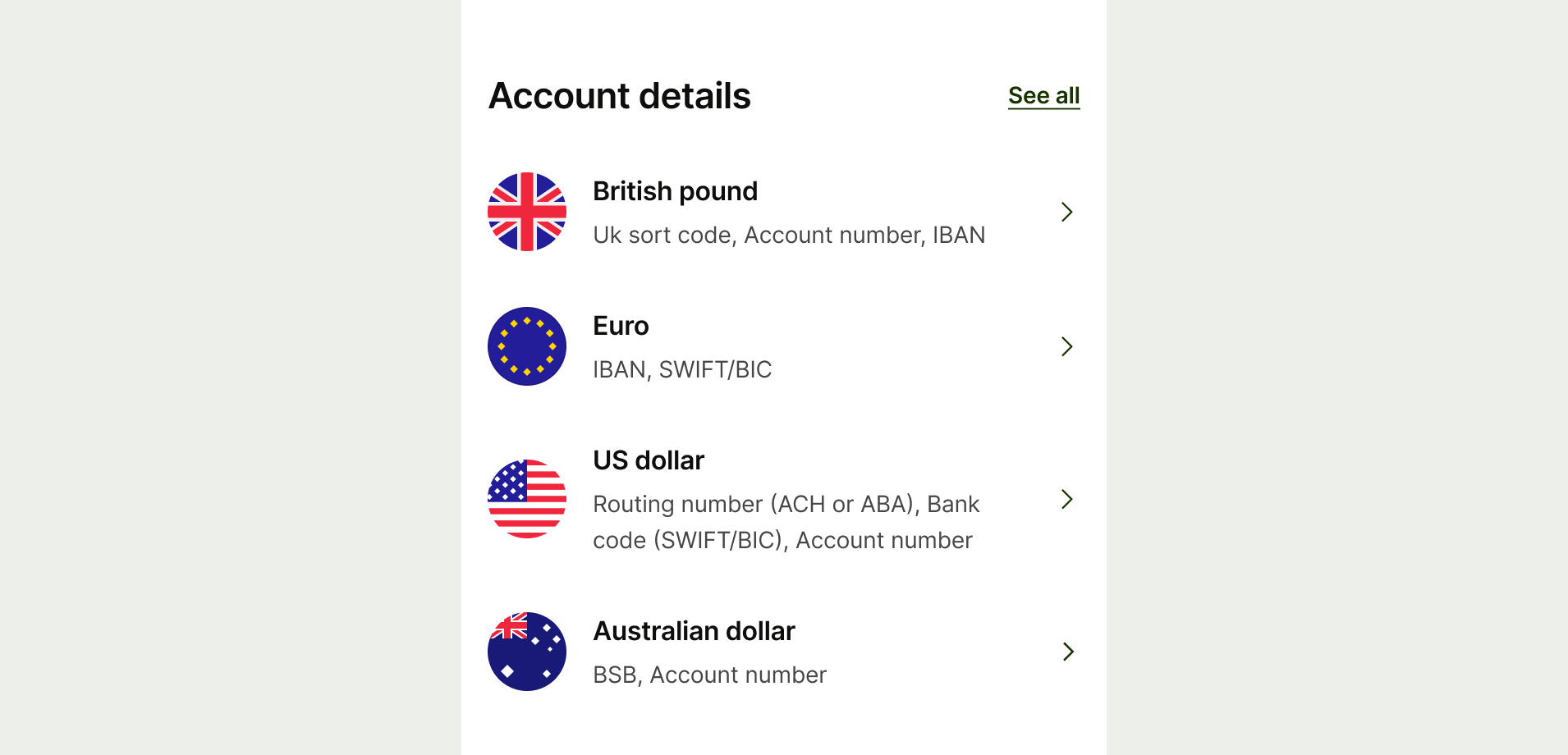 A list of list items on account selection page