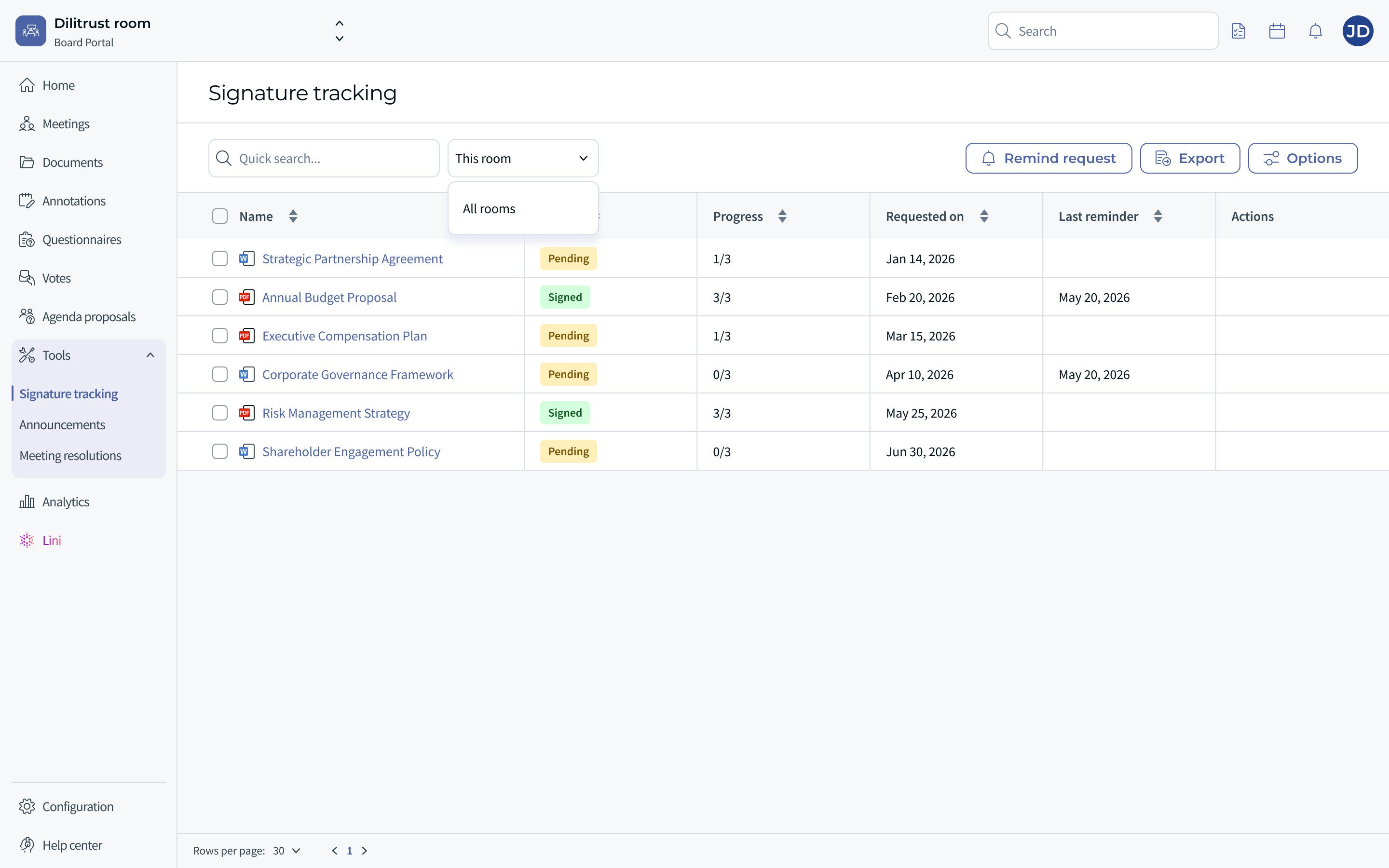 Room selector on the Signature Tracking view — temporary Figma image, replace before publication