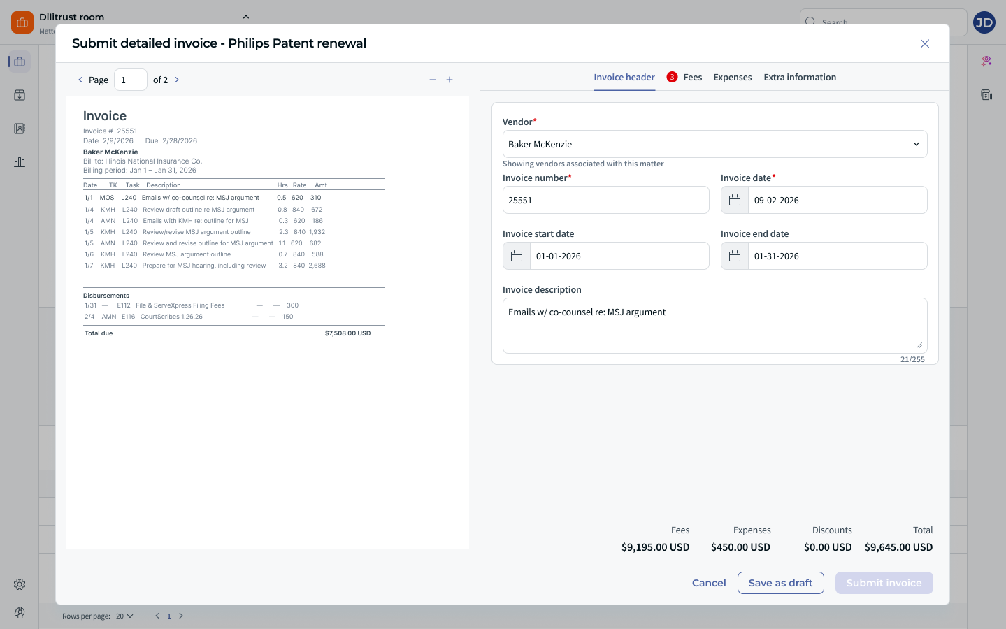 Design mockup: Submit detailed invoice window with the invoice document on the left and the prefilled invoice header on the right
