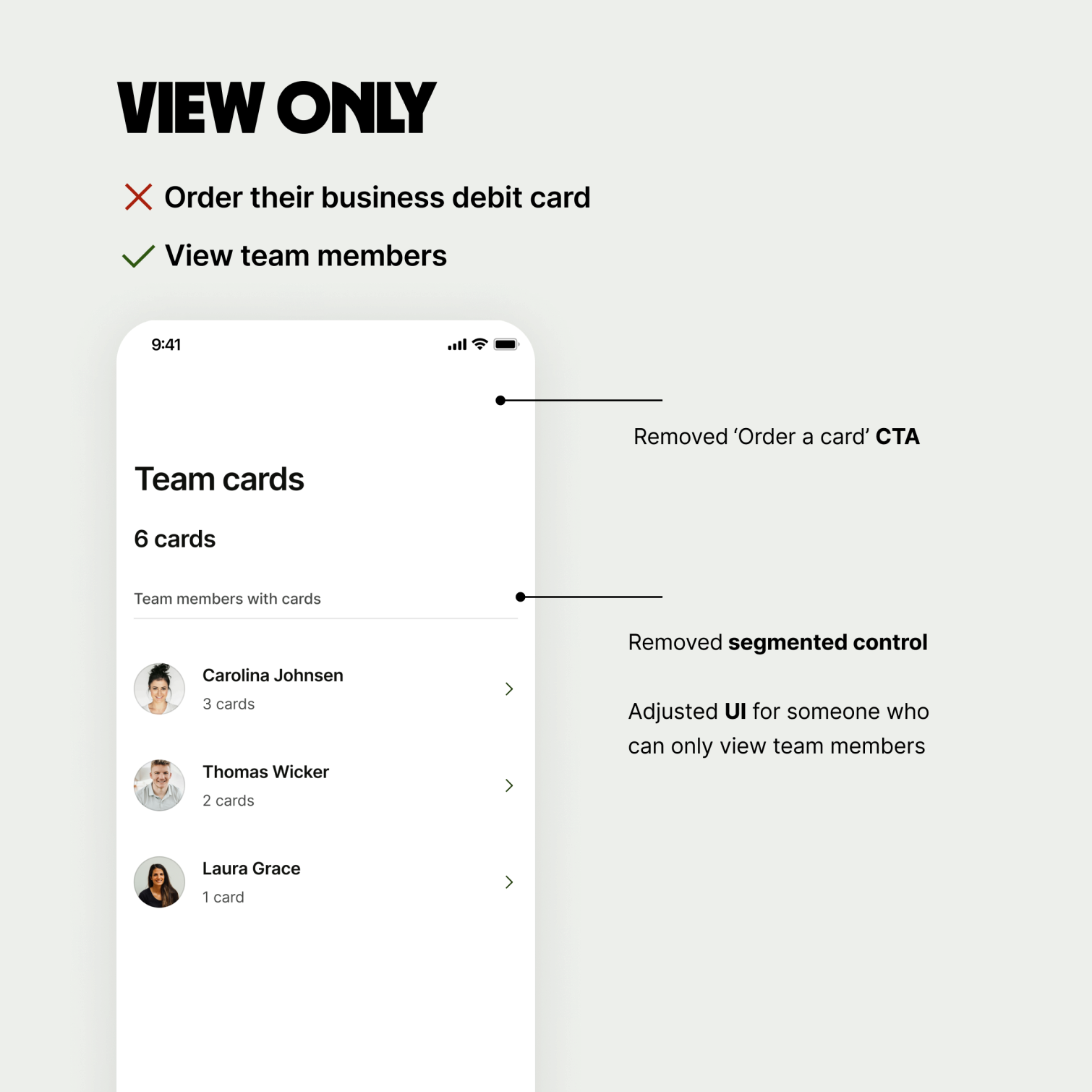 Cards tab for users with view only and no permission to order a card only shows  team cards section and your cards section is hidden.