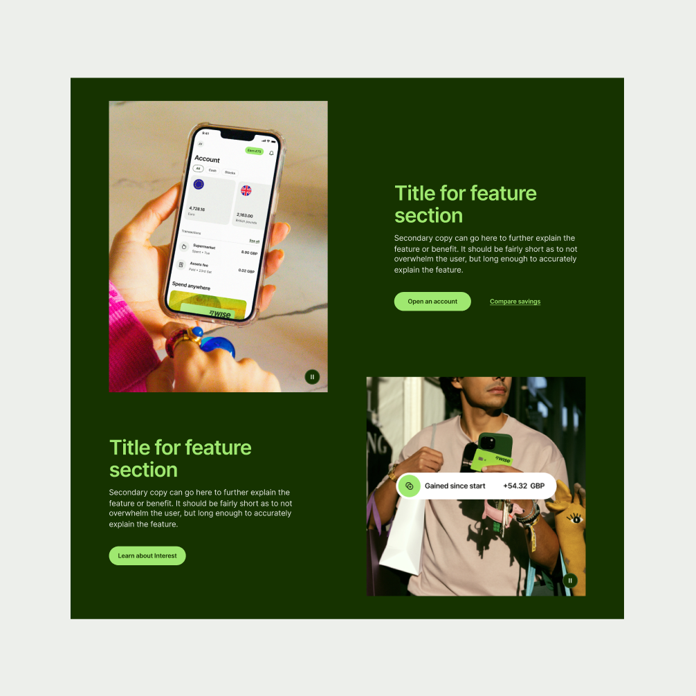 Feature Section Grid in Forest Green theme