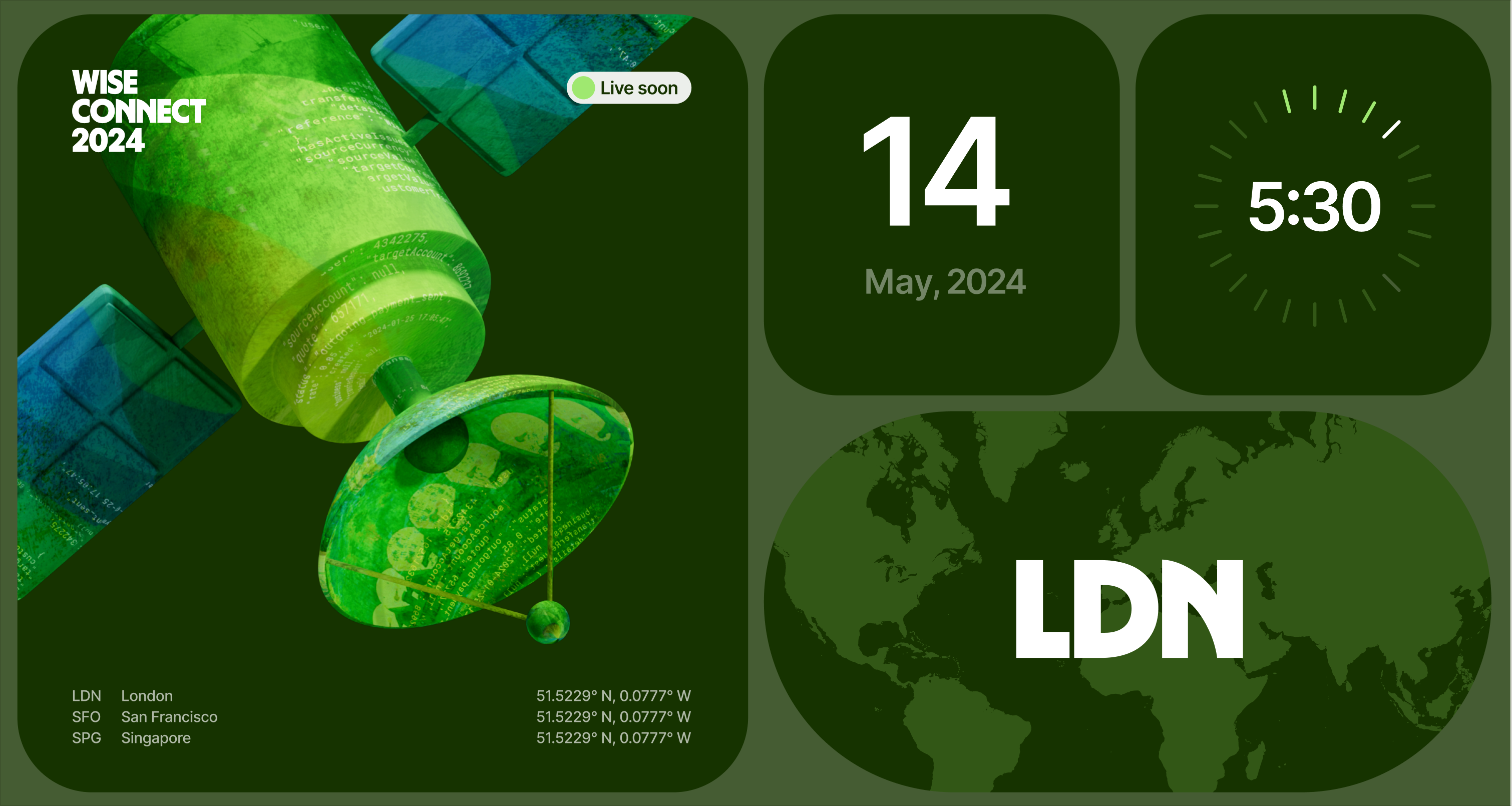 A grid showing the satellite illustration and Wise Connect lockup, the event date, a countdown and globe with the letters LDN