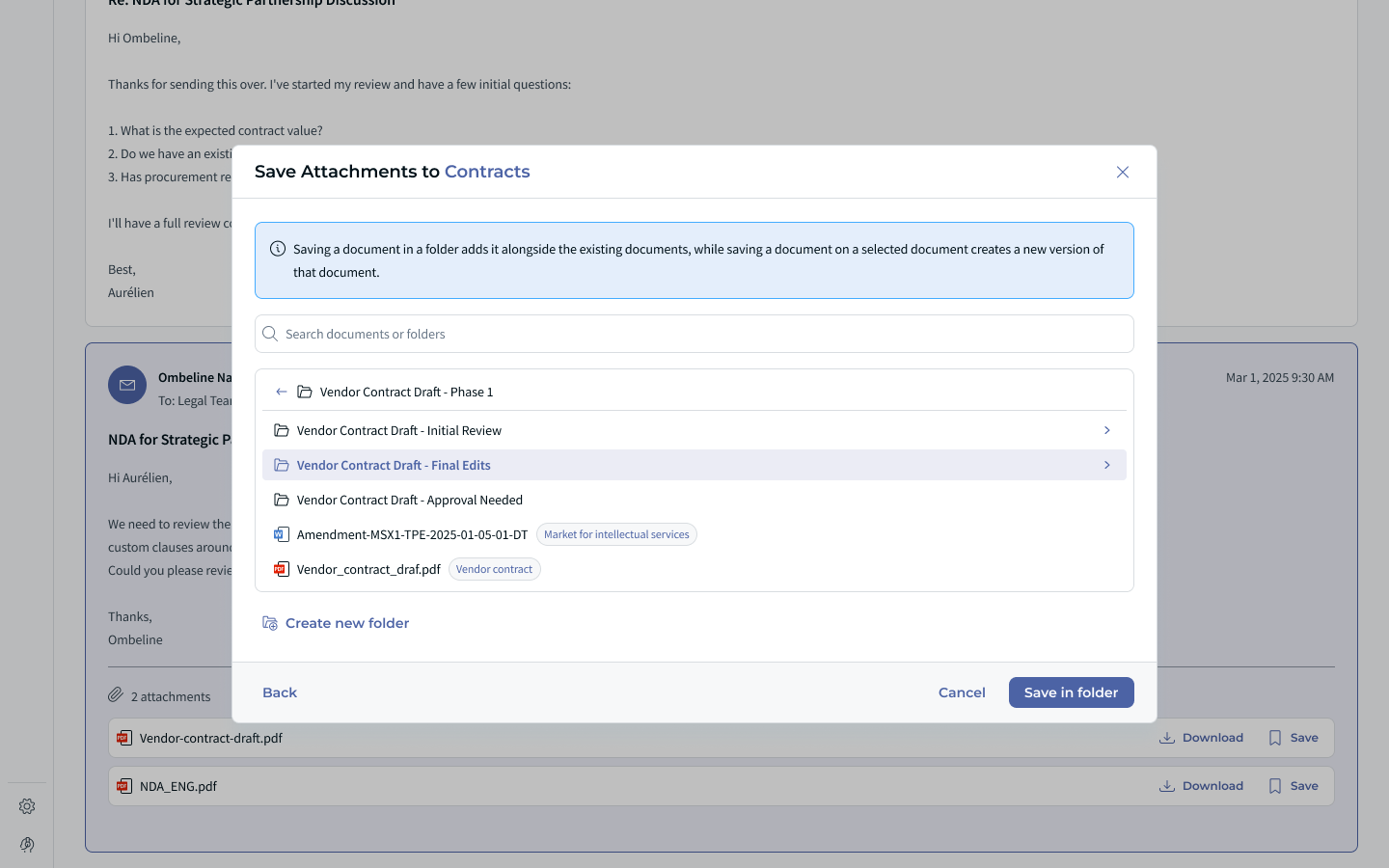 Save attachments to Contracts: selecting the Contracts tenant before browsing folders