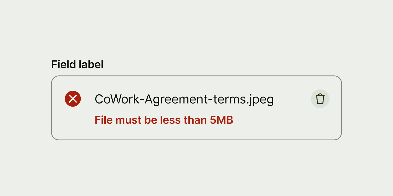 A failed upload where the description tells the user why the upload has failed.