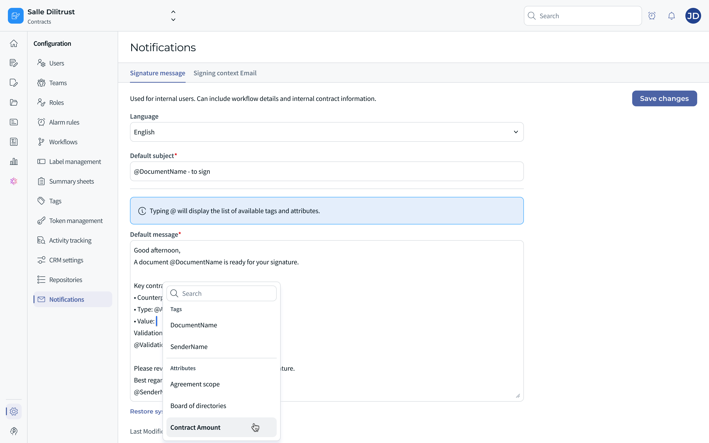 The @ picker open in the default message, showing the searchable list of tags and attributes