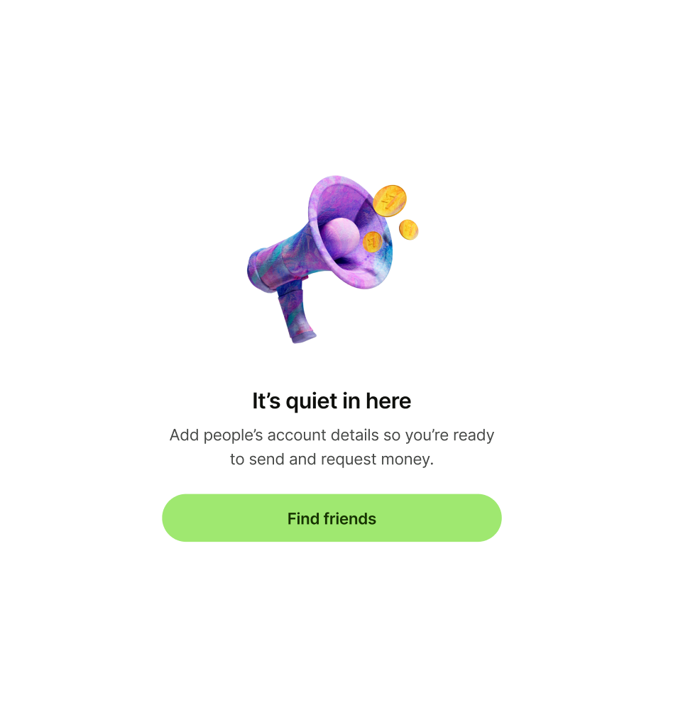 Empty state pattern with megaphone illustration and 'It's quiet in here' as title