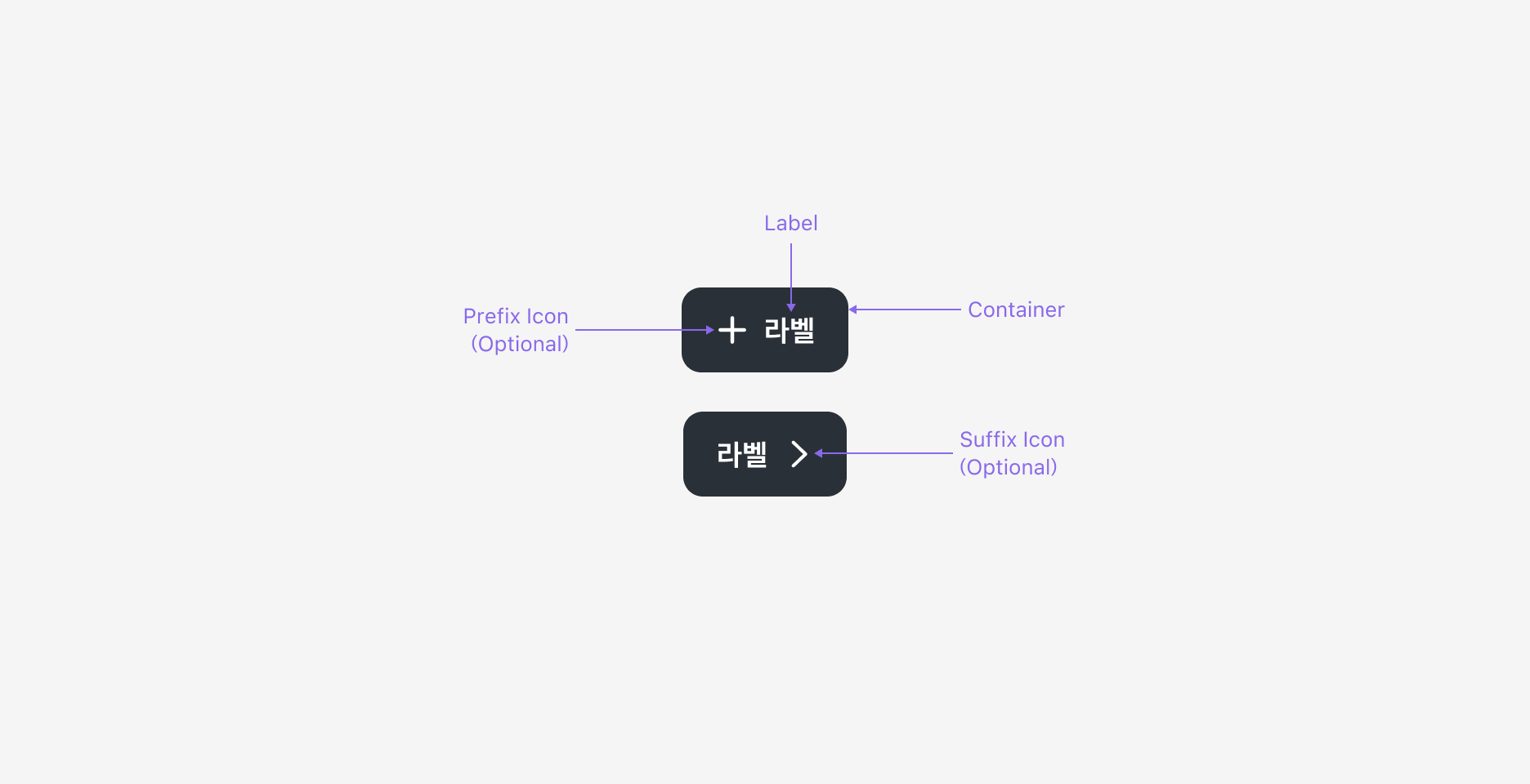 Action Button의 Anatomy 이미지. Container, Label, Prefix Icon, Suffix Icon으로 구성됩니다.
