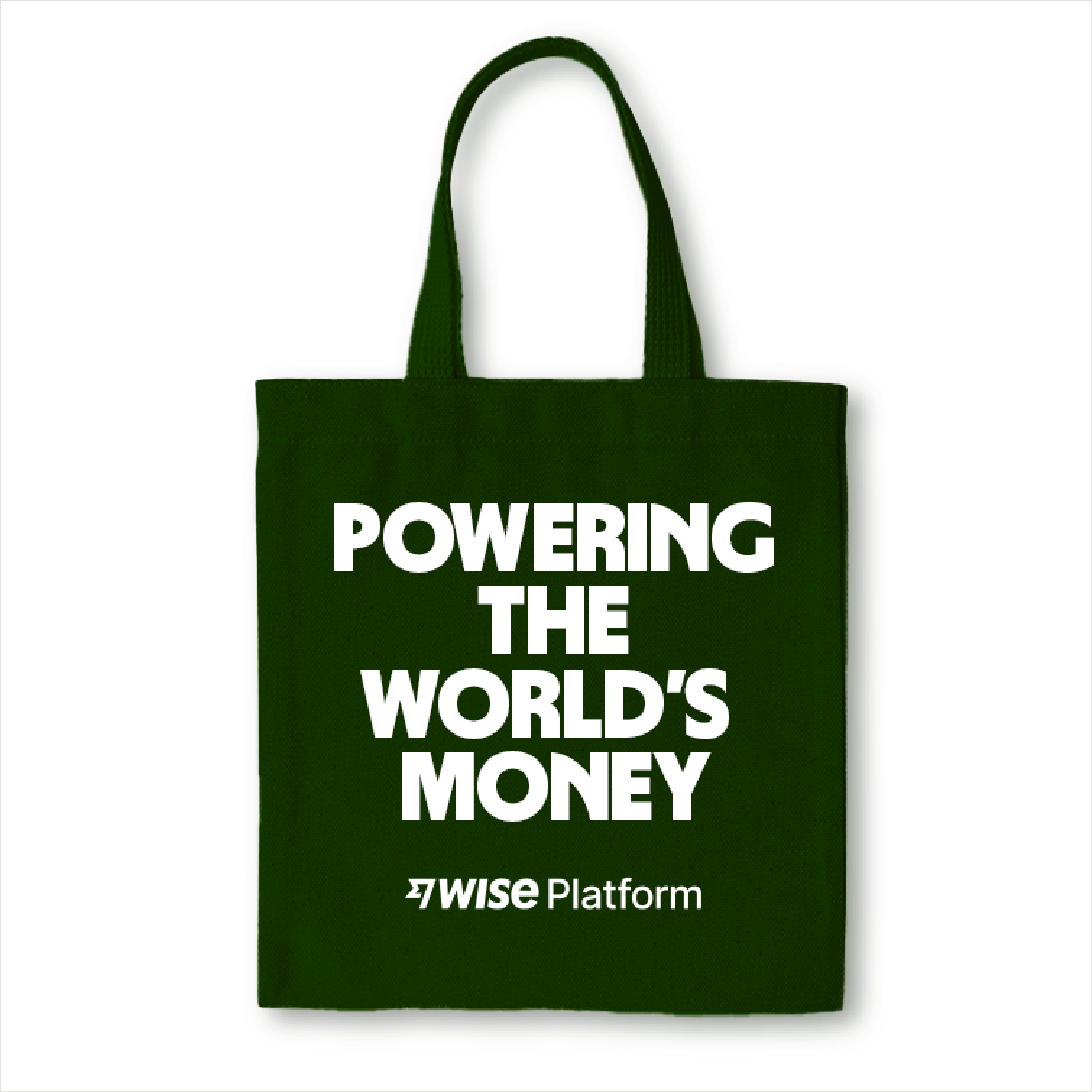A tote bag with Wise Platform logo and Powering the world's money headline
