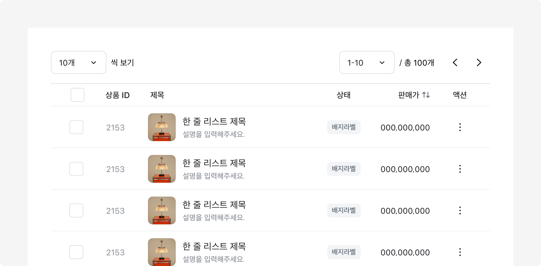 데이터 테이블 상단에 Table Pagination을 배치한 예시