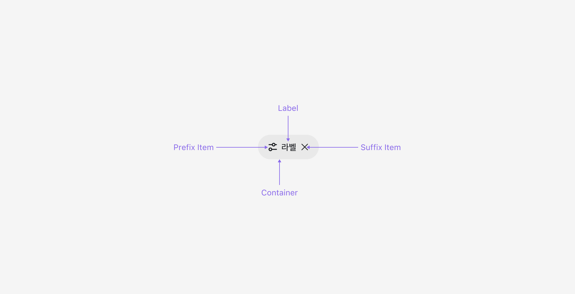 Chip의 Anatomy 이미지. Container, Label, Prefix Item, Suffix Item으로 구성됩니다.