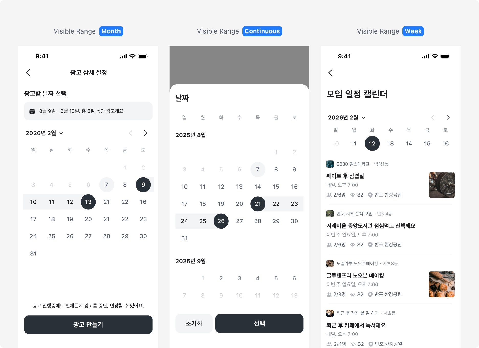 Visible Range 사용 맥락 — Month, Continuous, Week 적용 화면 예시