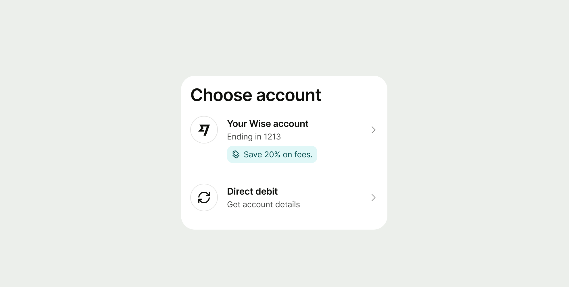 Choose account" interface with a proposition inline prompt stating "Save 20% on fees."