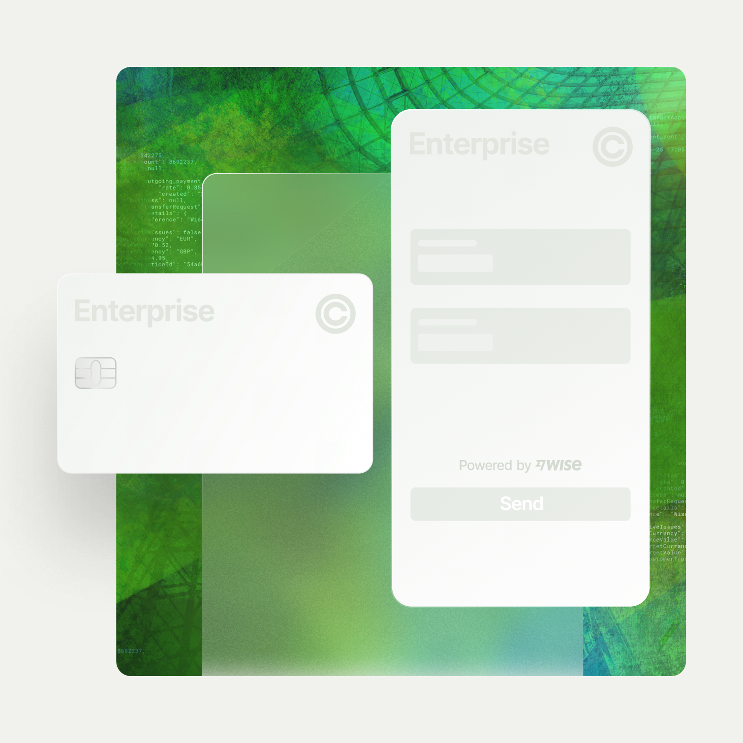 A blank plastic card, a grey phone Ui on top of a transparent layer on a Wise Platform Tapestry