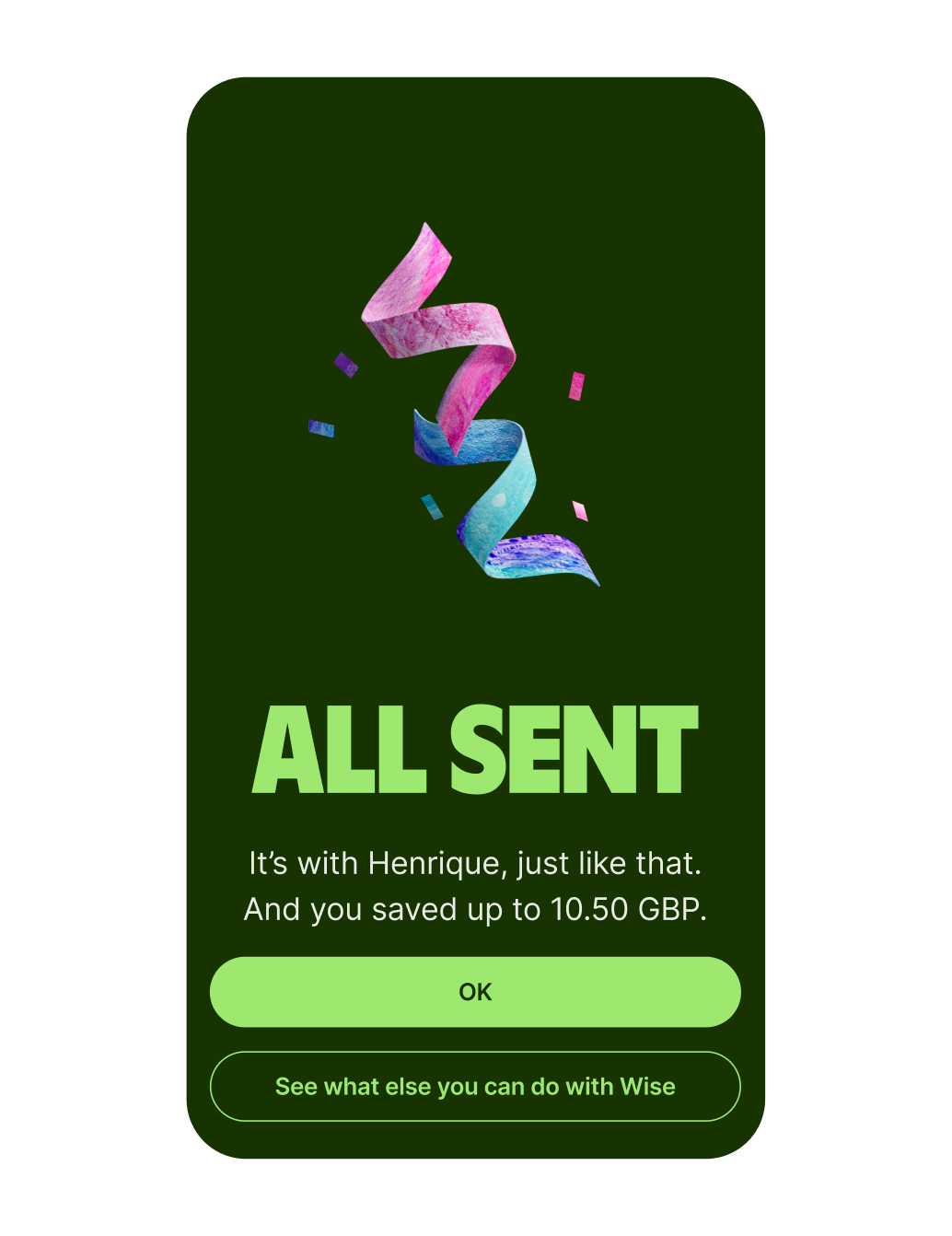 A sent money success screen.