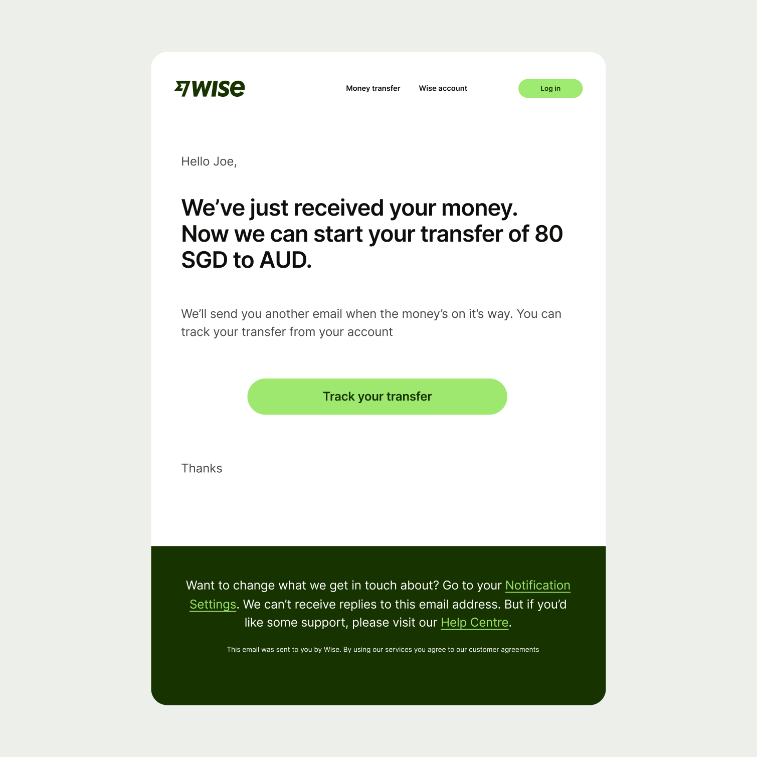 An email notification confirming a user's transfer.