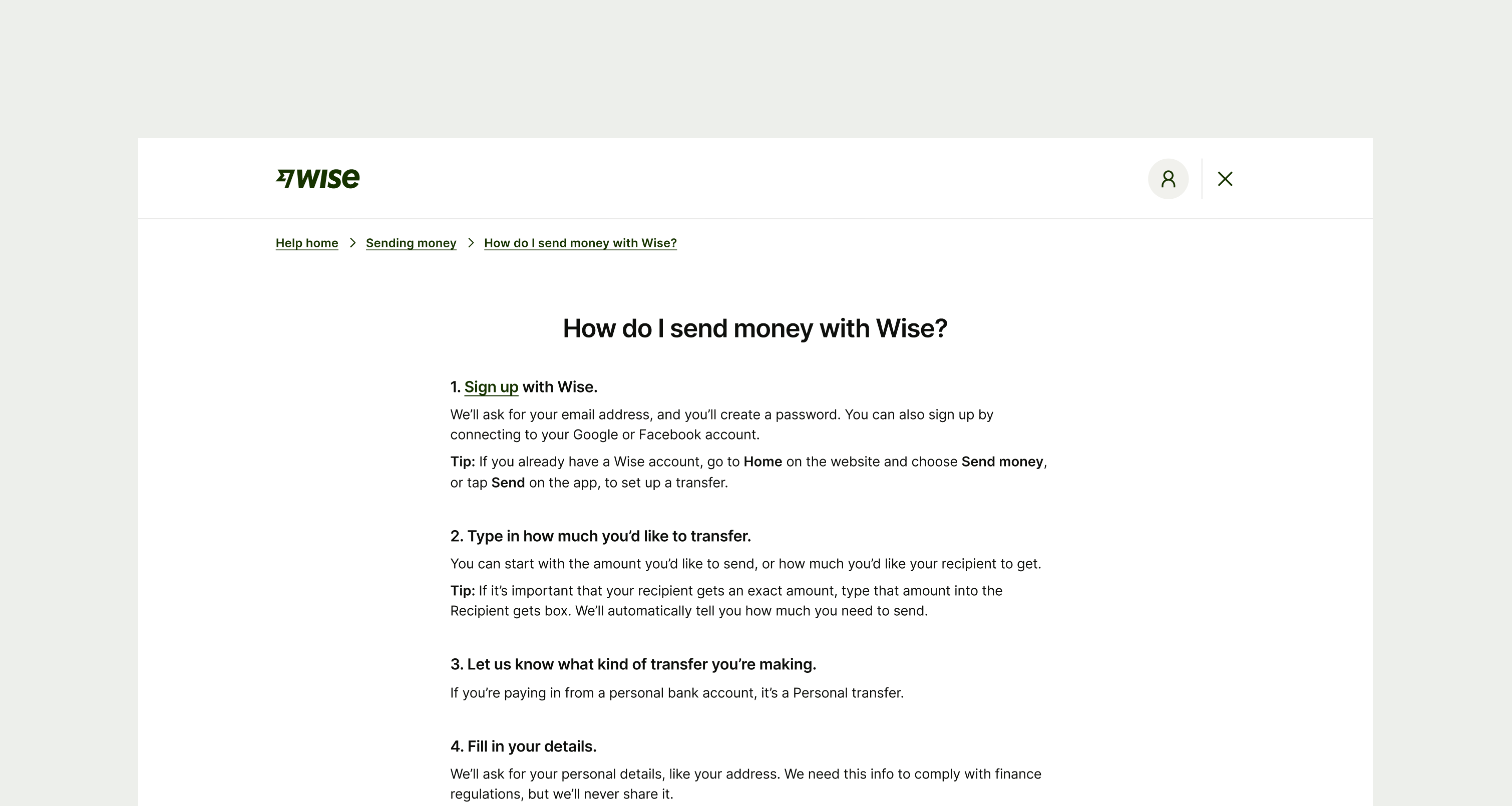 A help article titled, "How do I send money with Wise?"