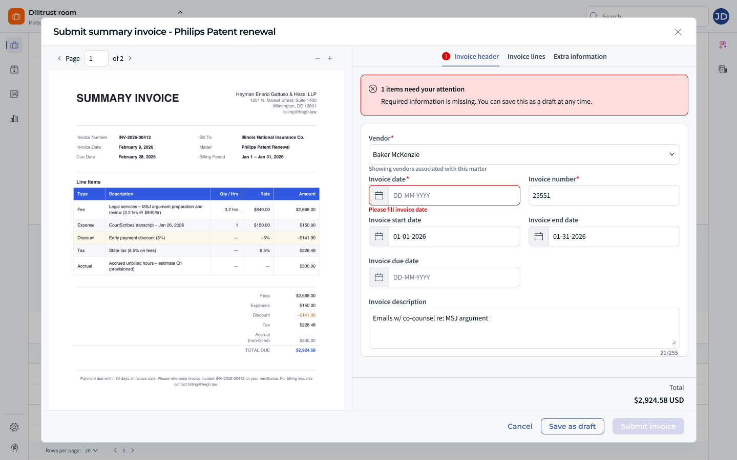Prefilled summary invoice form with Save as draft and Submit invoice buttons