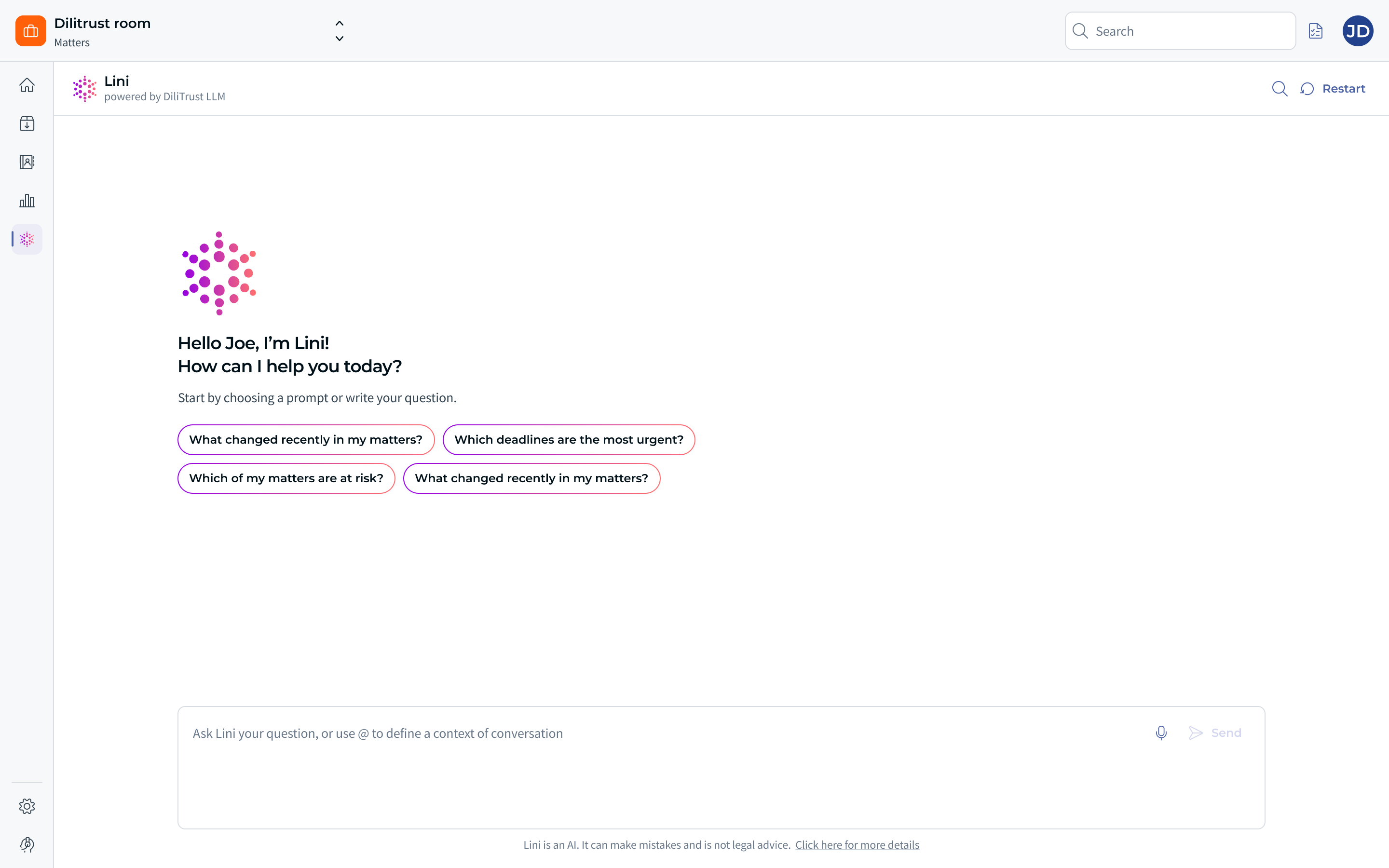 LINI start screen in Matter Management, with the greeting, three suggested prompts and the question input field