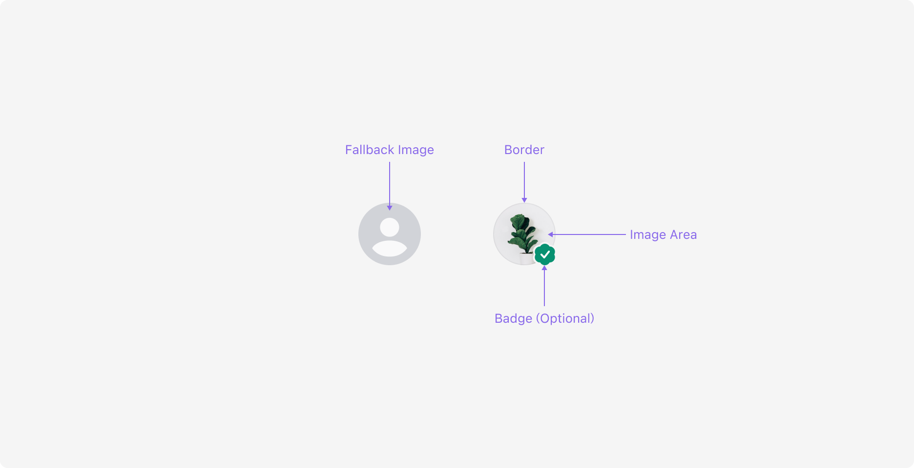 Avatar의 Anatomy 이미지. Image Area와 Border로 구성되며 Badge를 표시할 수 있습니다.