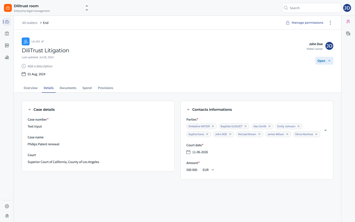 Matter page showing the matter title, the Status field, the matter tabs and the Case details section
