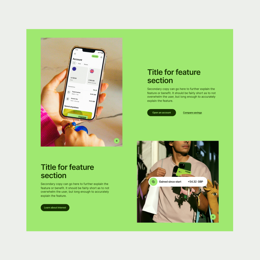 Feature Section Grid in Bright Green theme