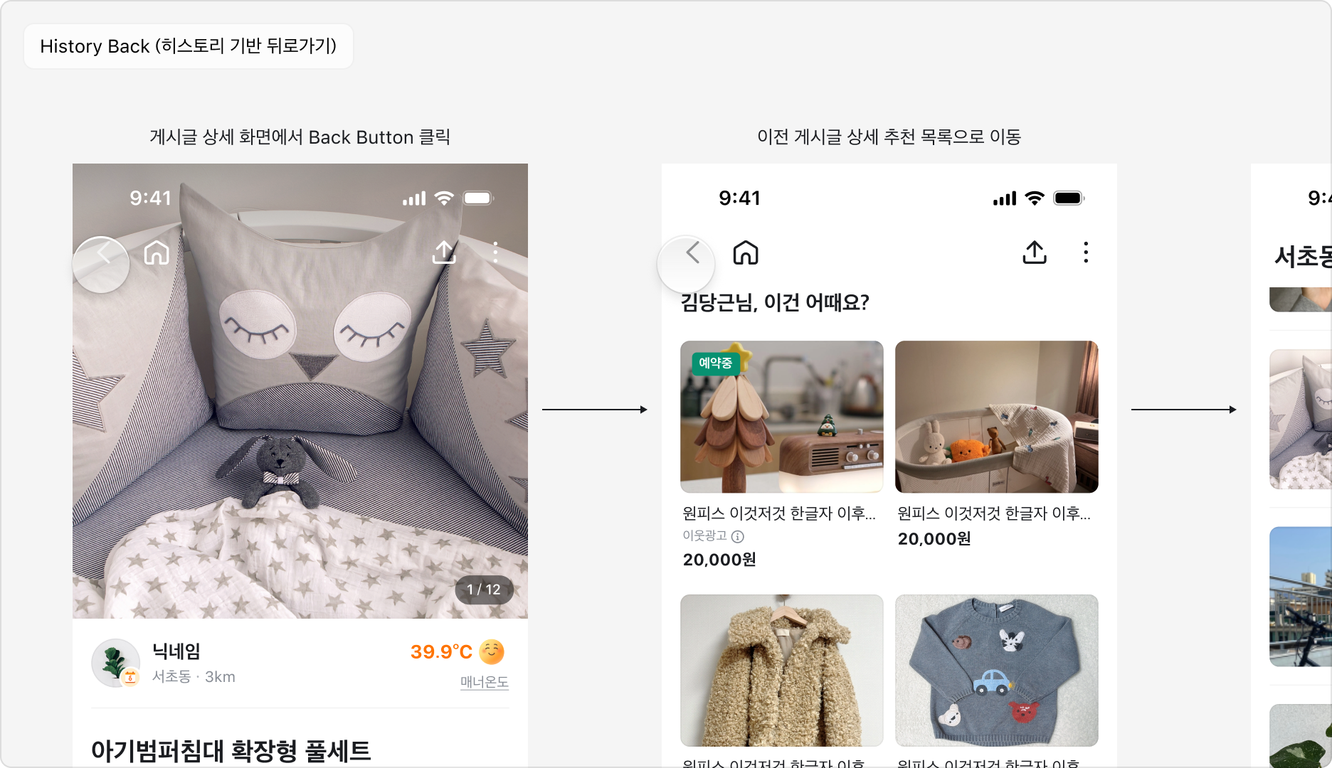 히스토리 기반 뒤로가기 예시: 게시글 상세 화면에서 Back Button 클릭 → 이전 게시글 상세 추천 목록으로 이동