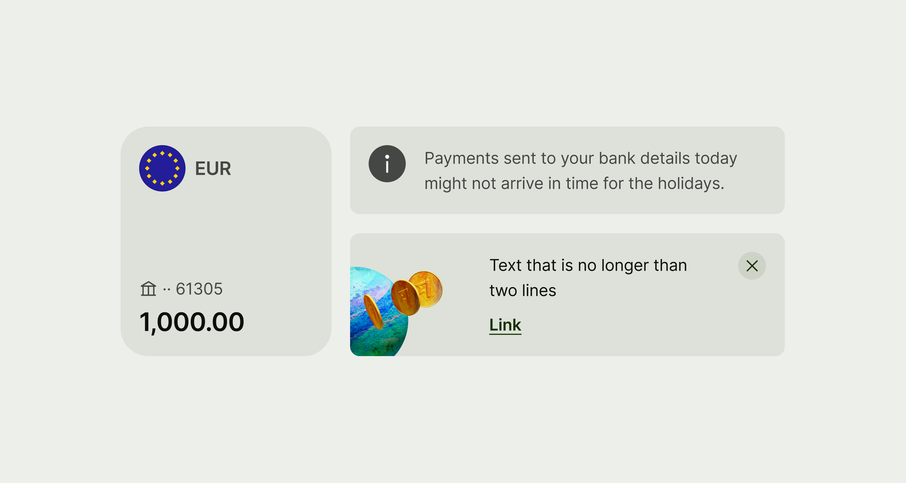 Small cards — balance card, alert and nudge