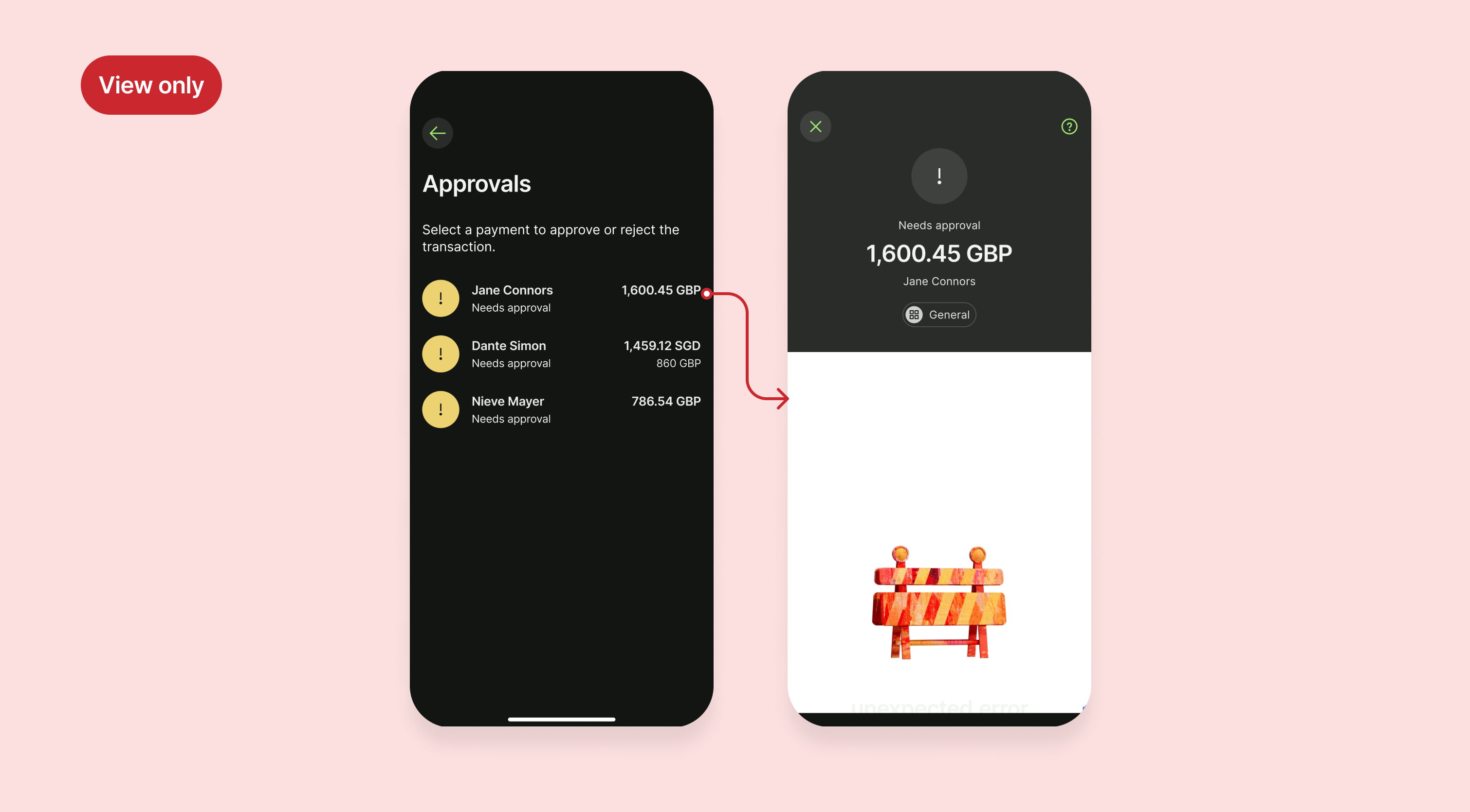 When view only uses case was not considered on Approvals page user could click on transaction which needs to be approved and presented with a jarring error 