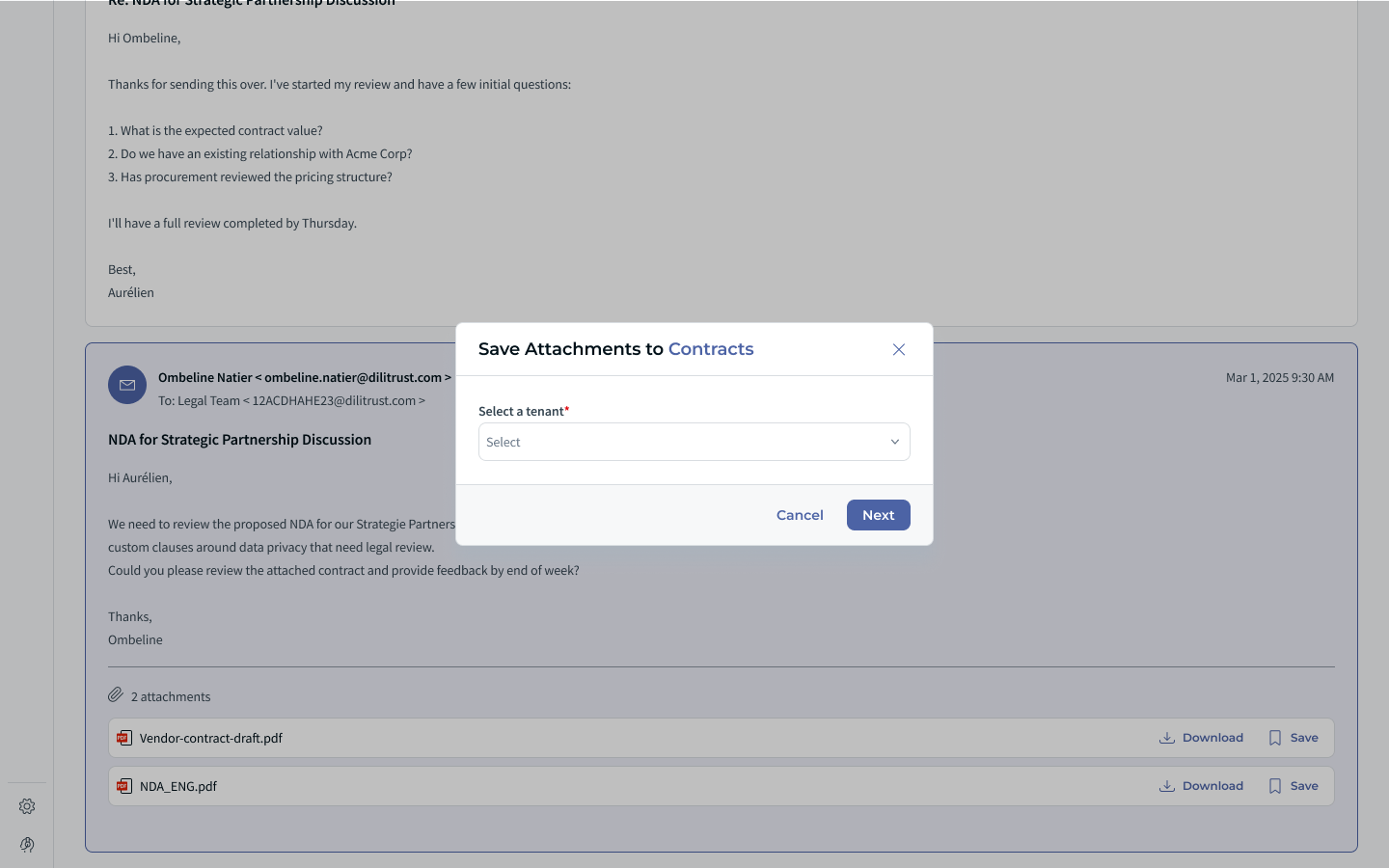 Email thread with the Save action on a message containing attachments, and the window used to choose between saving to this request or to Contracts
