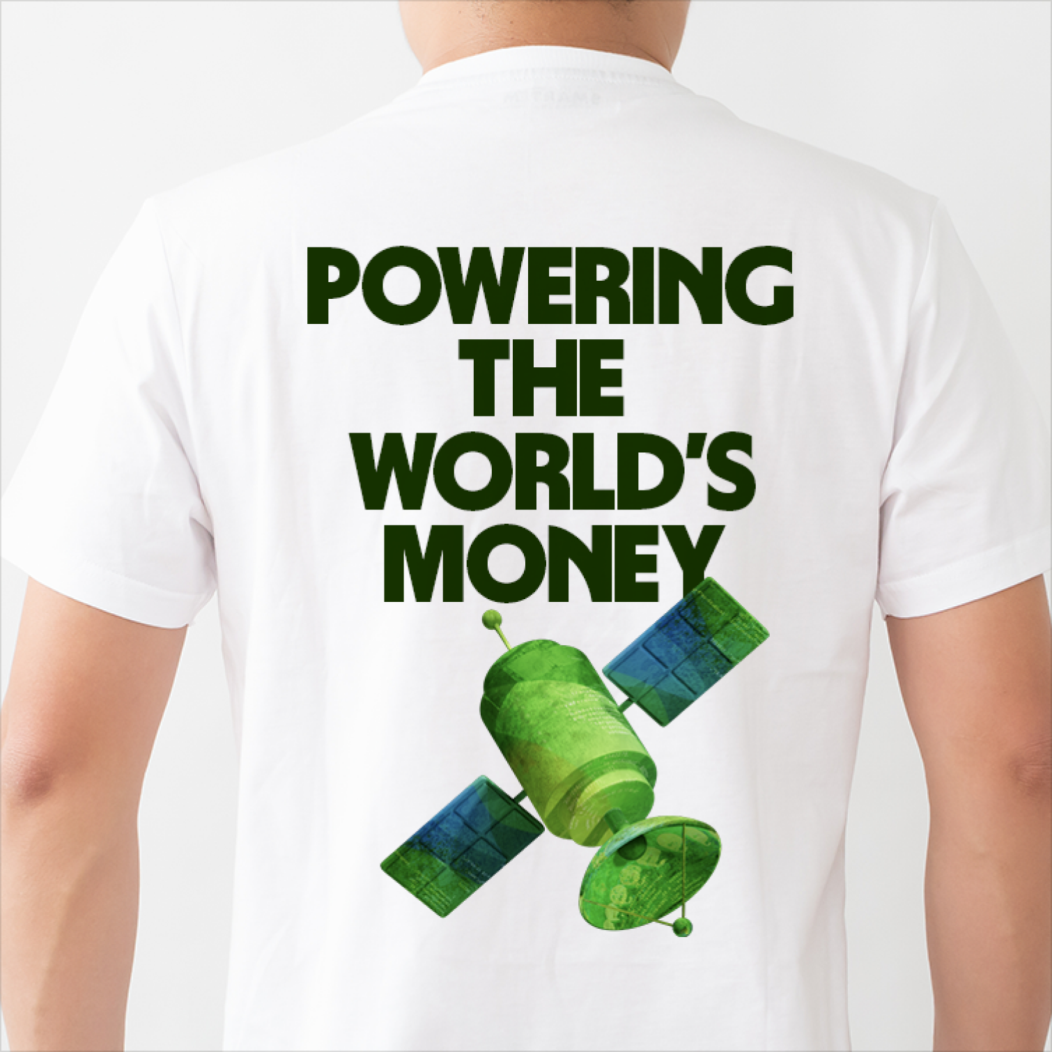 Back of a person wearing a t-shirt with the headline Powering the world's money and a satellite illustration
