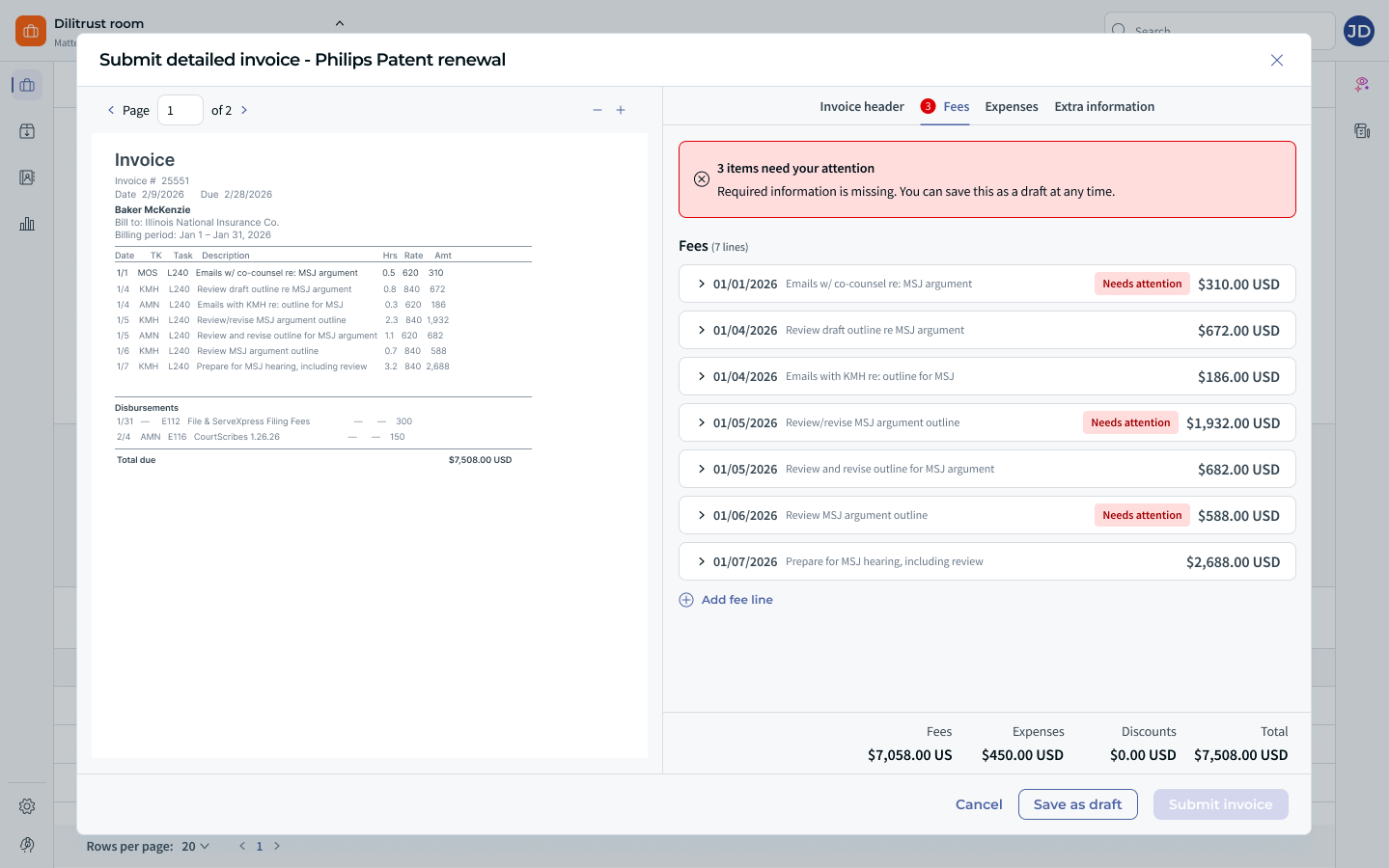 Design mockup: detailed invoice lines with a fee line filled
