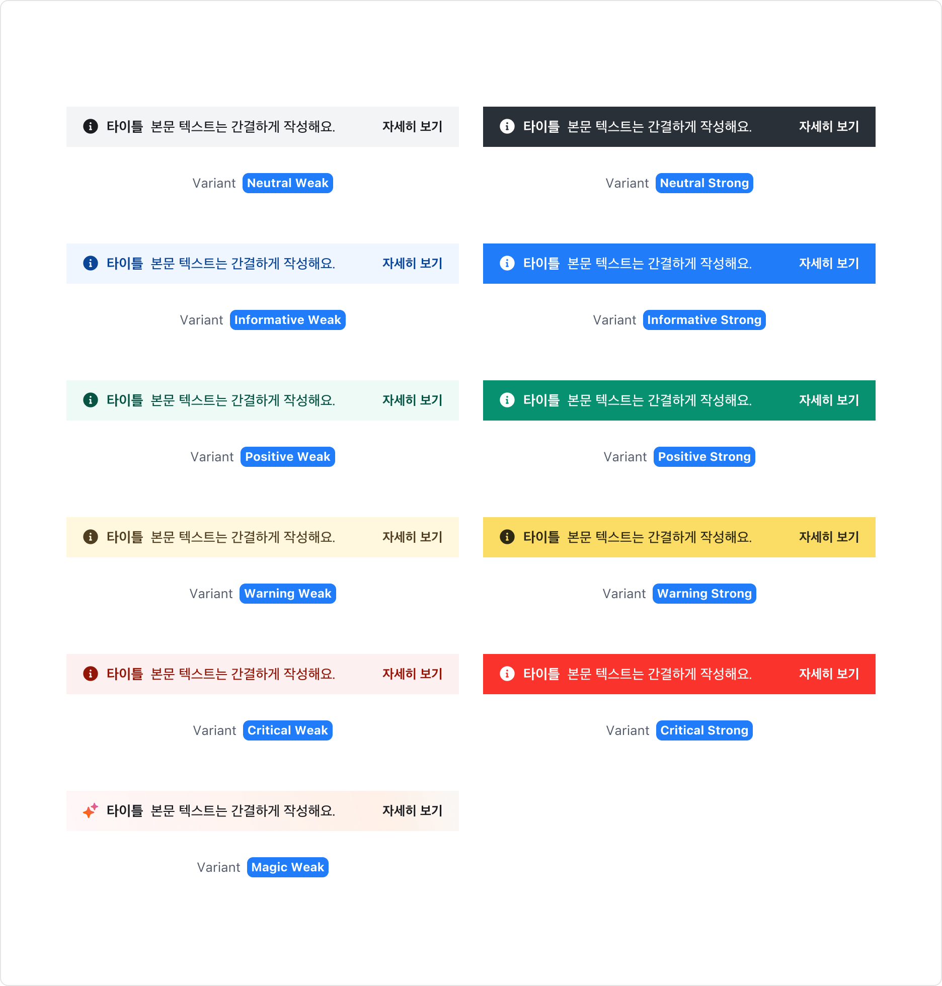 Page Banner의 Variant 및 Tone - Neutral, Informative, Positive, Warning, Critical, Magic Tone과 Weak, Solid Variant