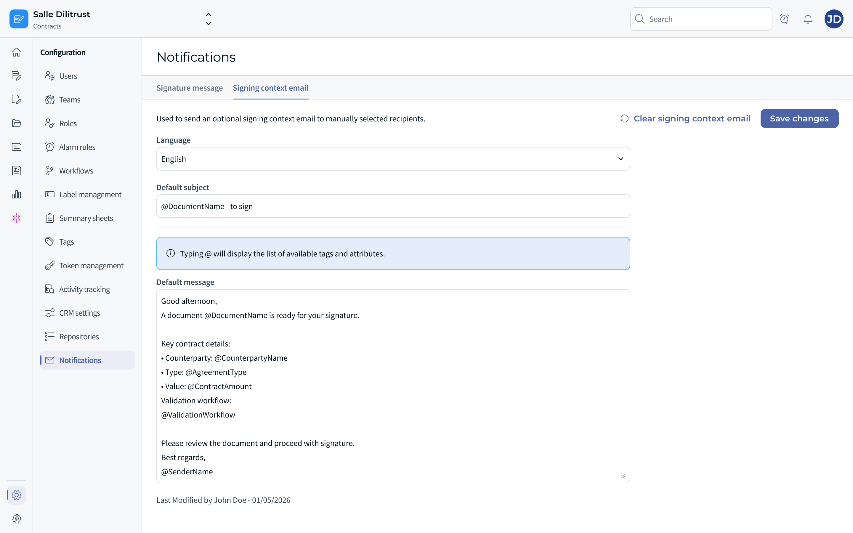 Contracts configuration, Notifications, Signing context email tab