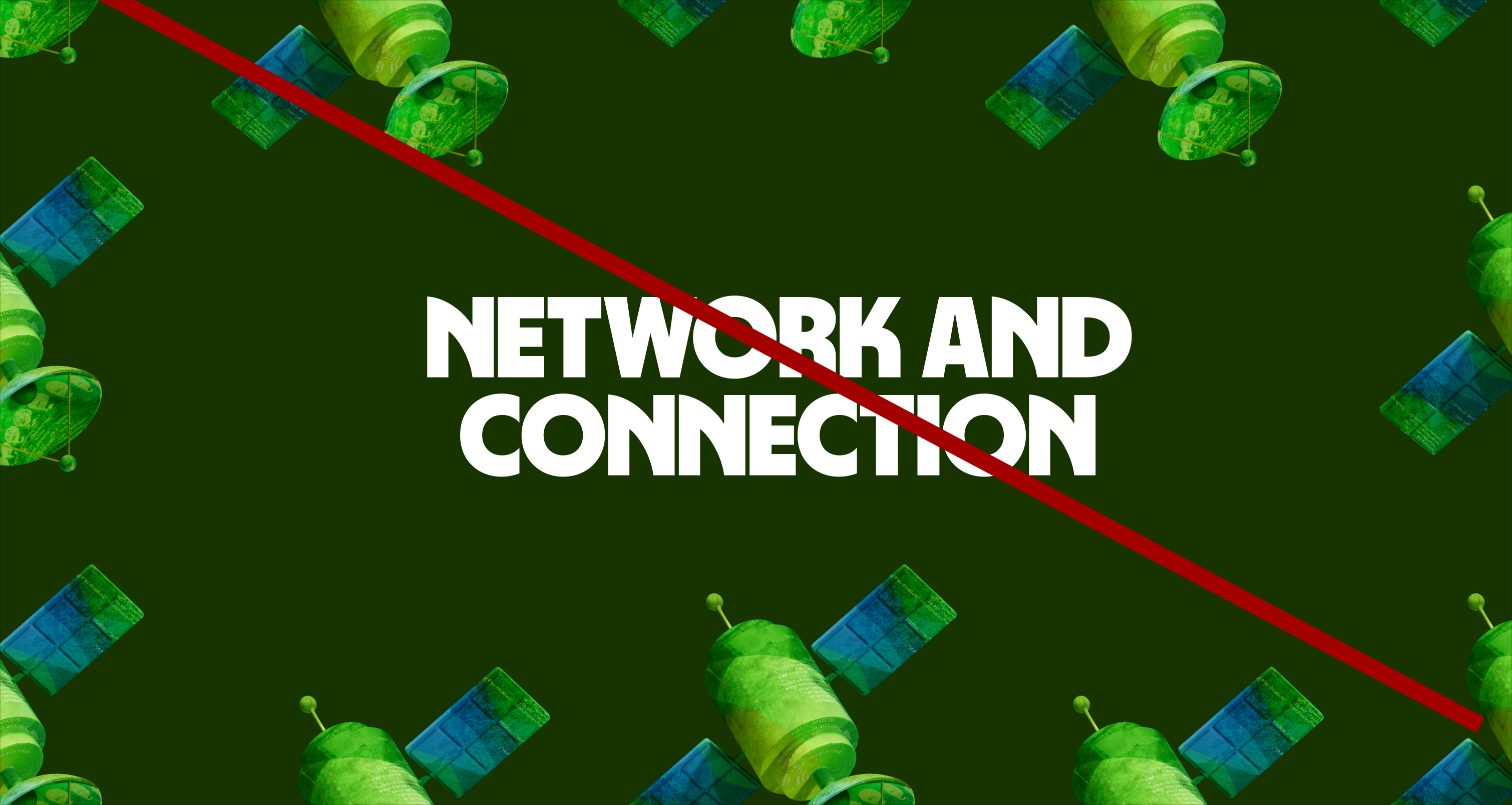 Several satellite illustrations around the image used as decoration, a headline Network and Connection in the center of the image and a red line crossing the whole image