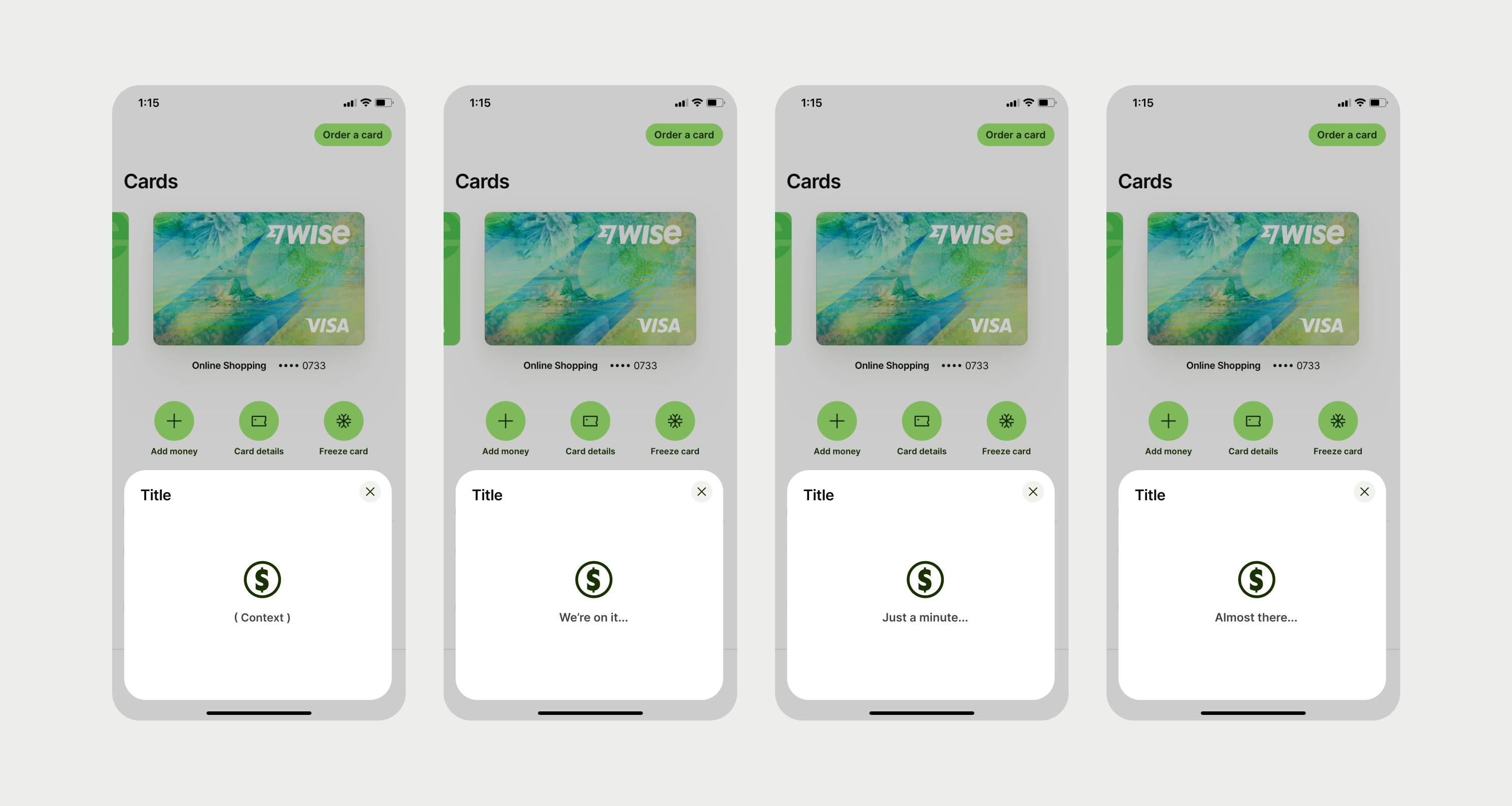 Four examples of different messaging used underneath the spinner