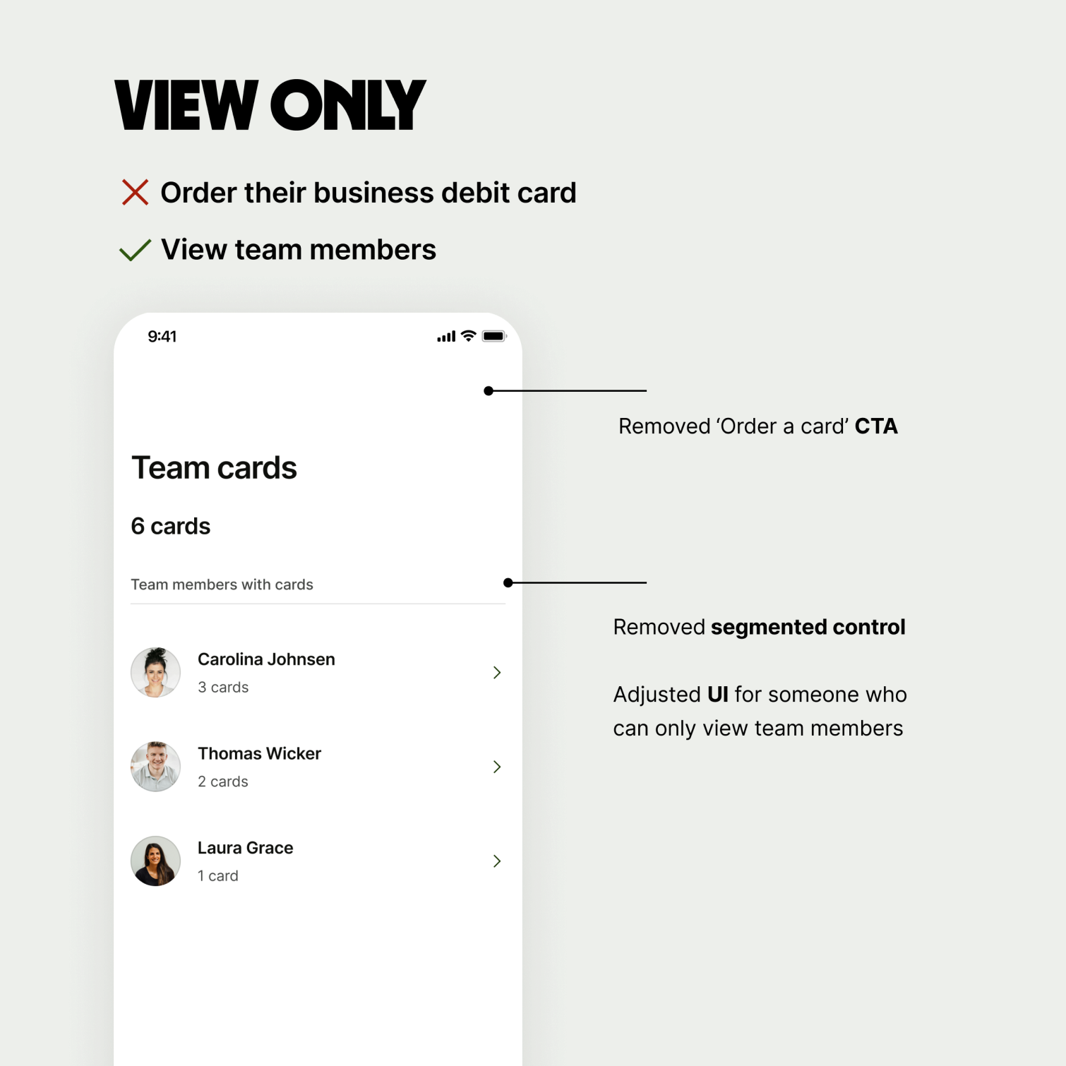 Cards tab for users with view only and no permission to order a card only shows  team cards section and your cards section is hidden.