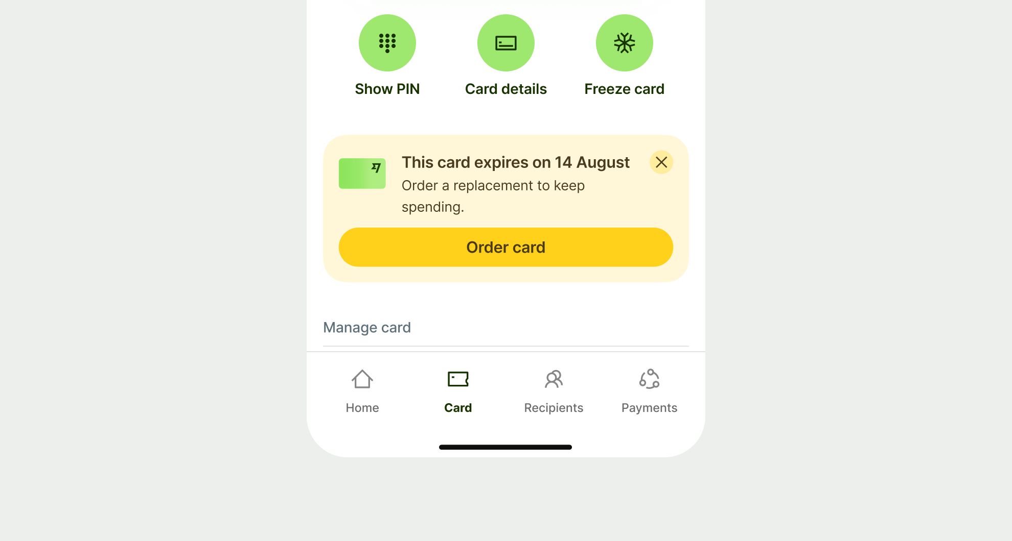 Warning action prompt in card page