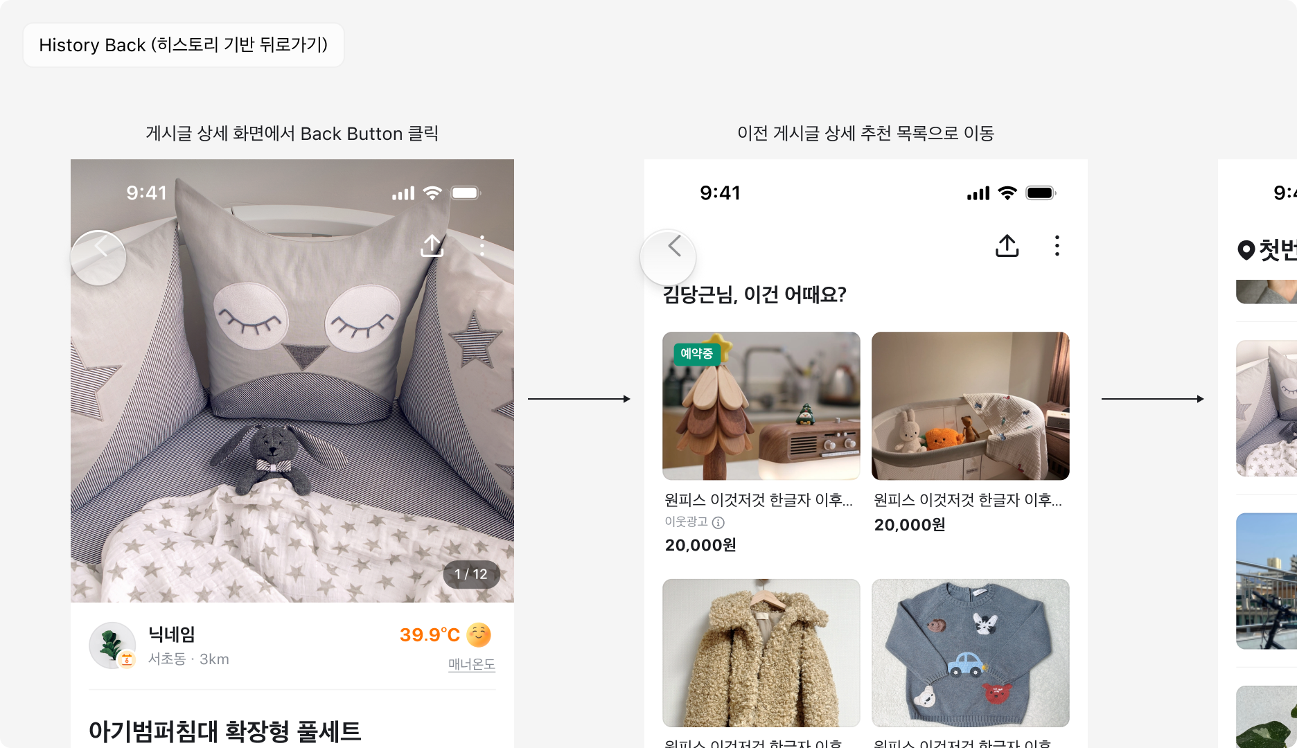 히스토리 기반 뒤로가기 예시: 게시글 상세 화면에서 Back Button 클릭 → 이전 게시글 상세 추천 목록으로 이동
