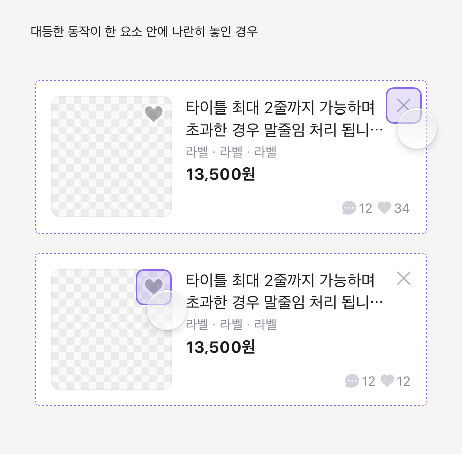 대등한 동작이 나란히 놓인 경우 — 카드 안의 닫기 버튼과 좋아요 버튼을 각각 누르면 카드 전체가 아니라 눌린 버튼만 반응한다