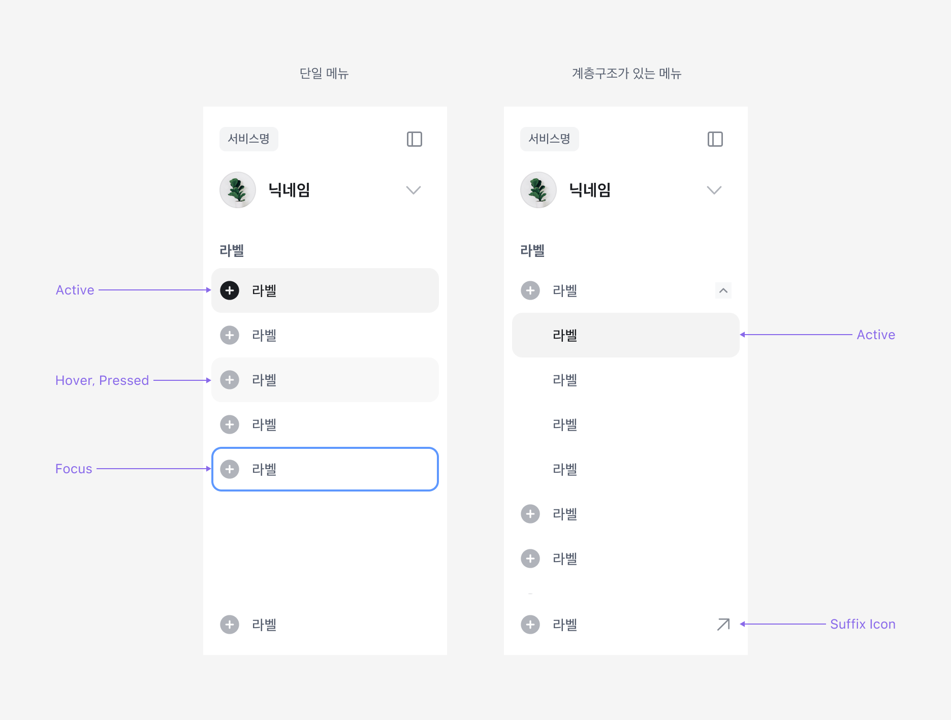 Side Navigation의 Menu Item - 단일 메뉴와 계층구조가 있는 메뉴