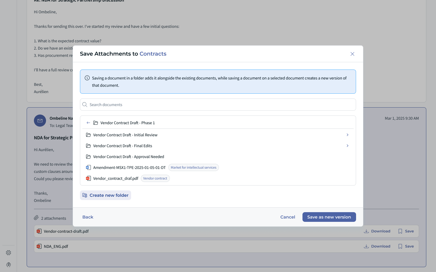 Browsing Contracts folders and documents to choose a destination folder or save the file as a new version of an existing contract