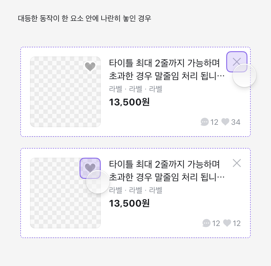대등한 동작이 나란히 놓인 경우 — 카드 안의 닫기 버튼과 좋아요 버튼을 각각 누르면 카드 전체가 아니라 눌린 버튼만 반응한다