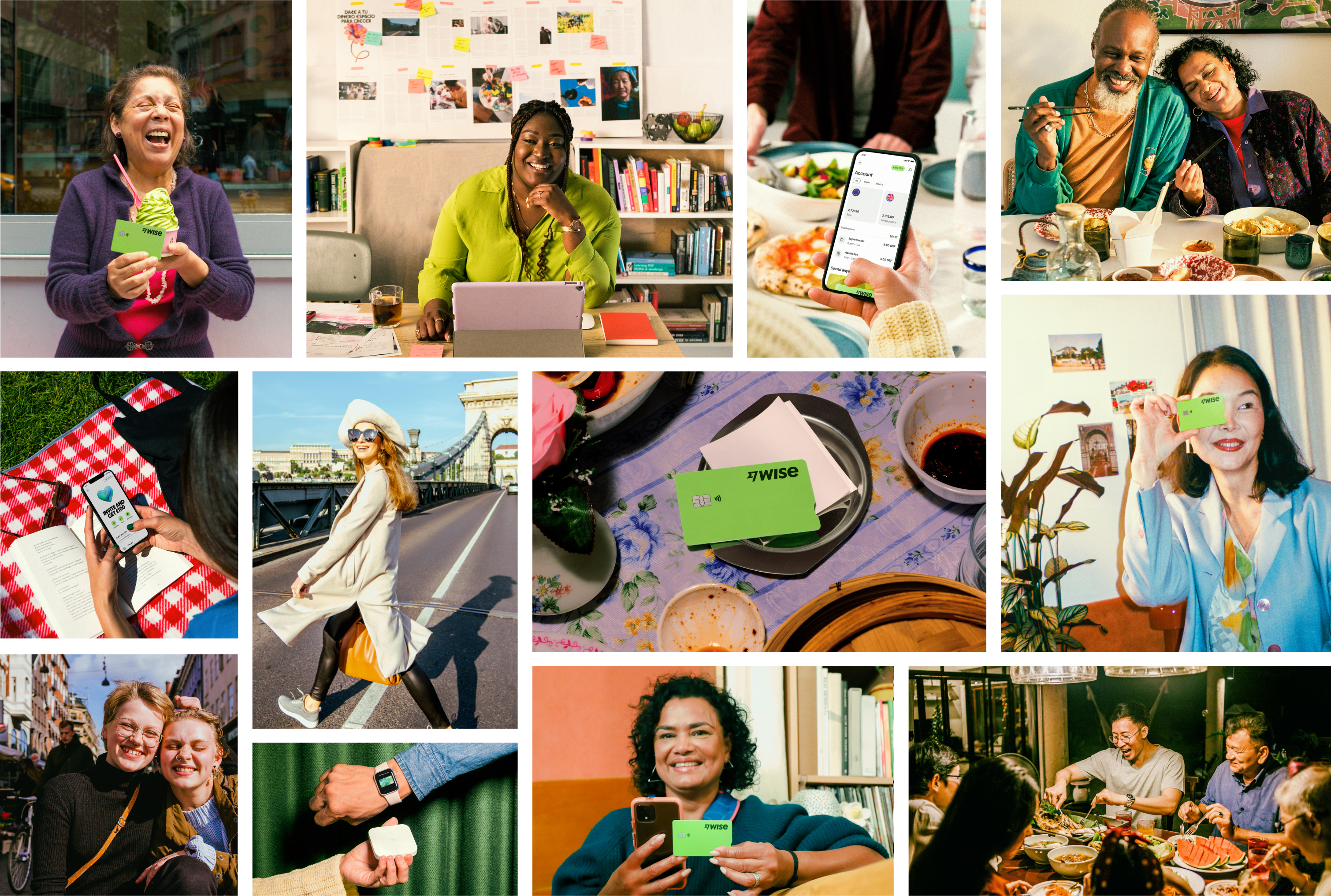A collage of photographs showing people using Wise around the world.