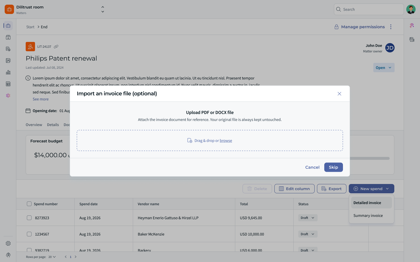 Design mockup of the invoice details of the detailed invoice window